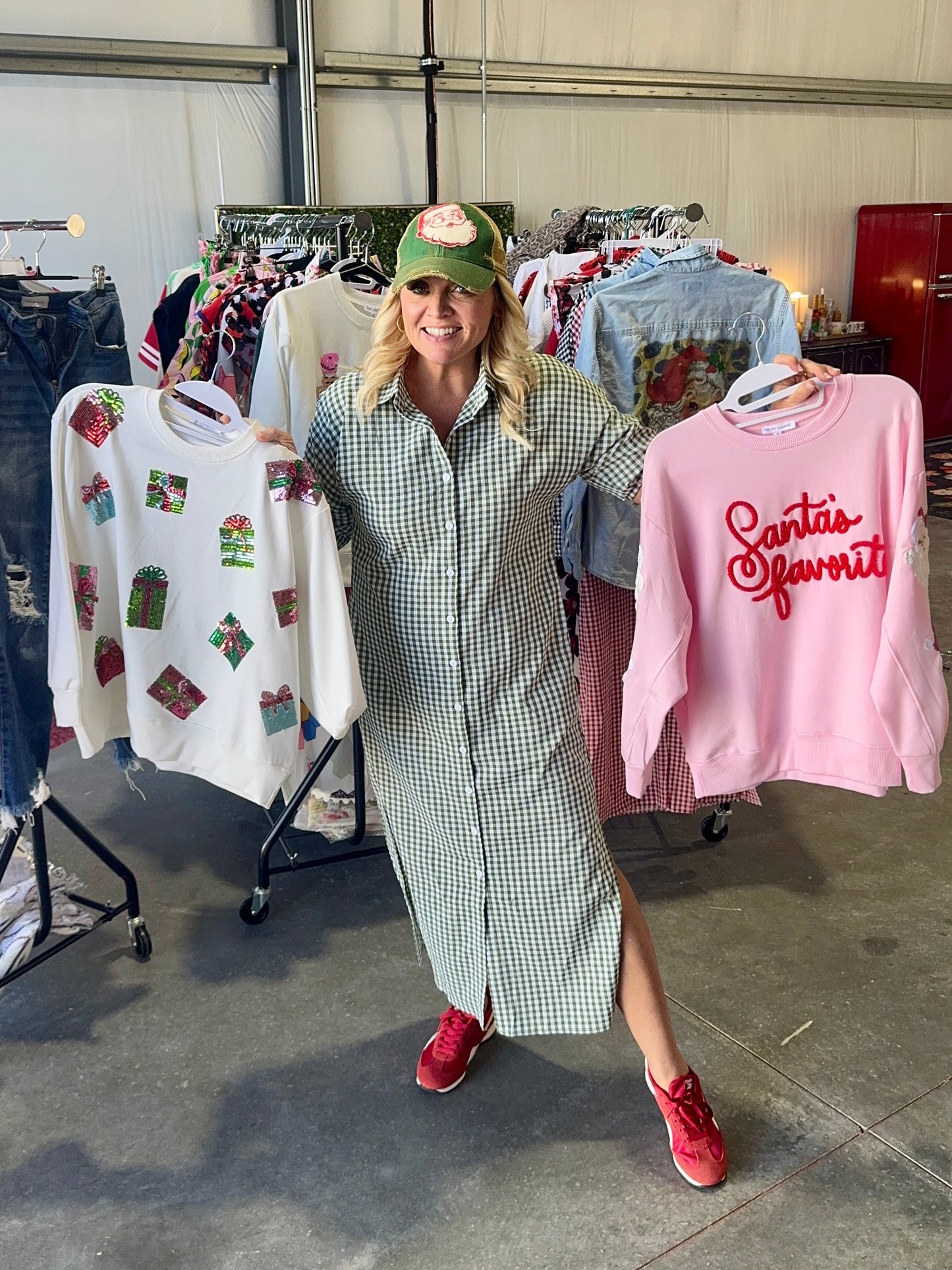 Green gingham shirt dress