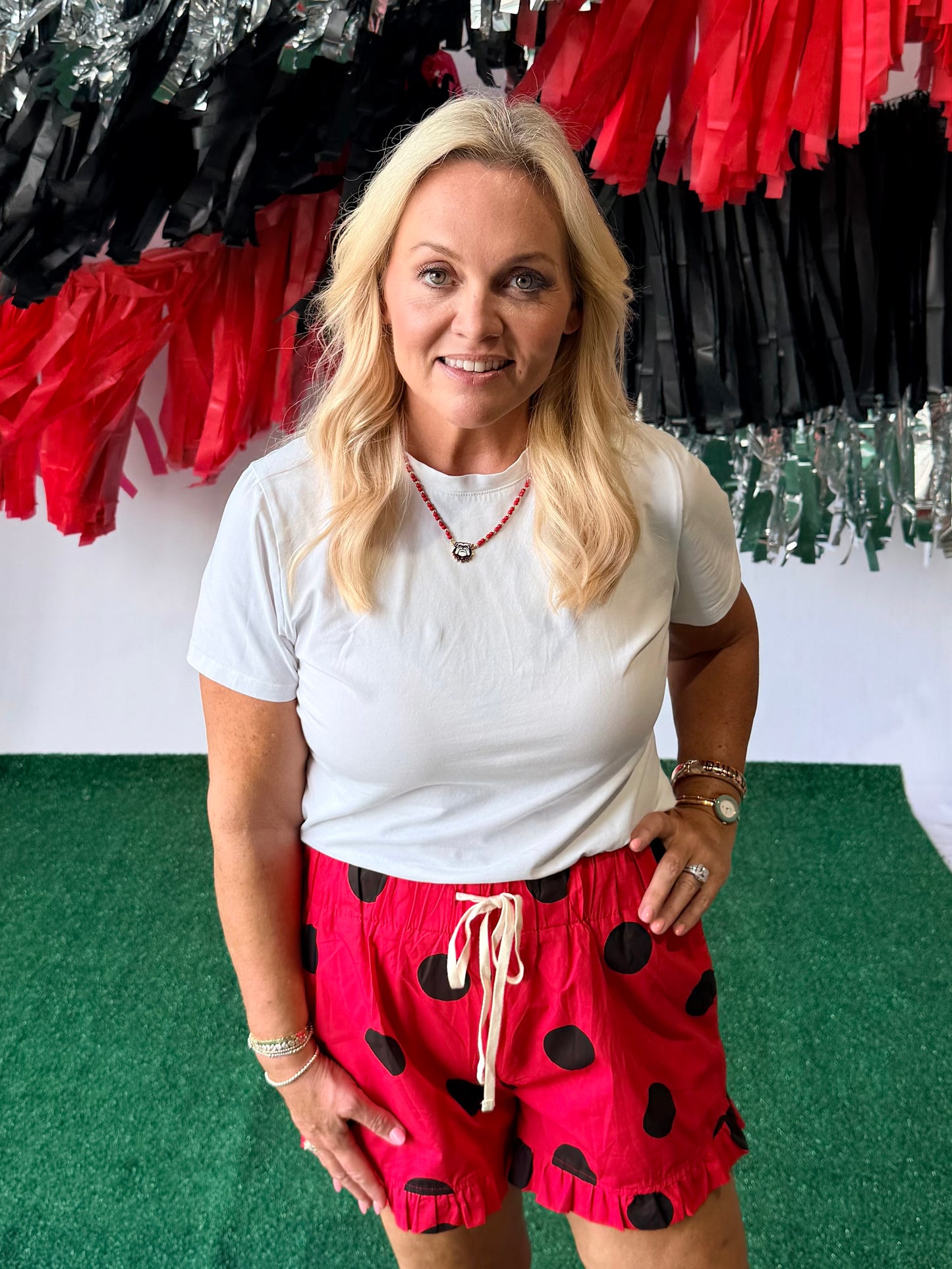 Ruffle game day red and black polka dot shorts