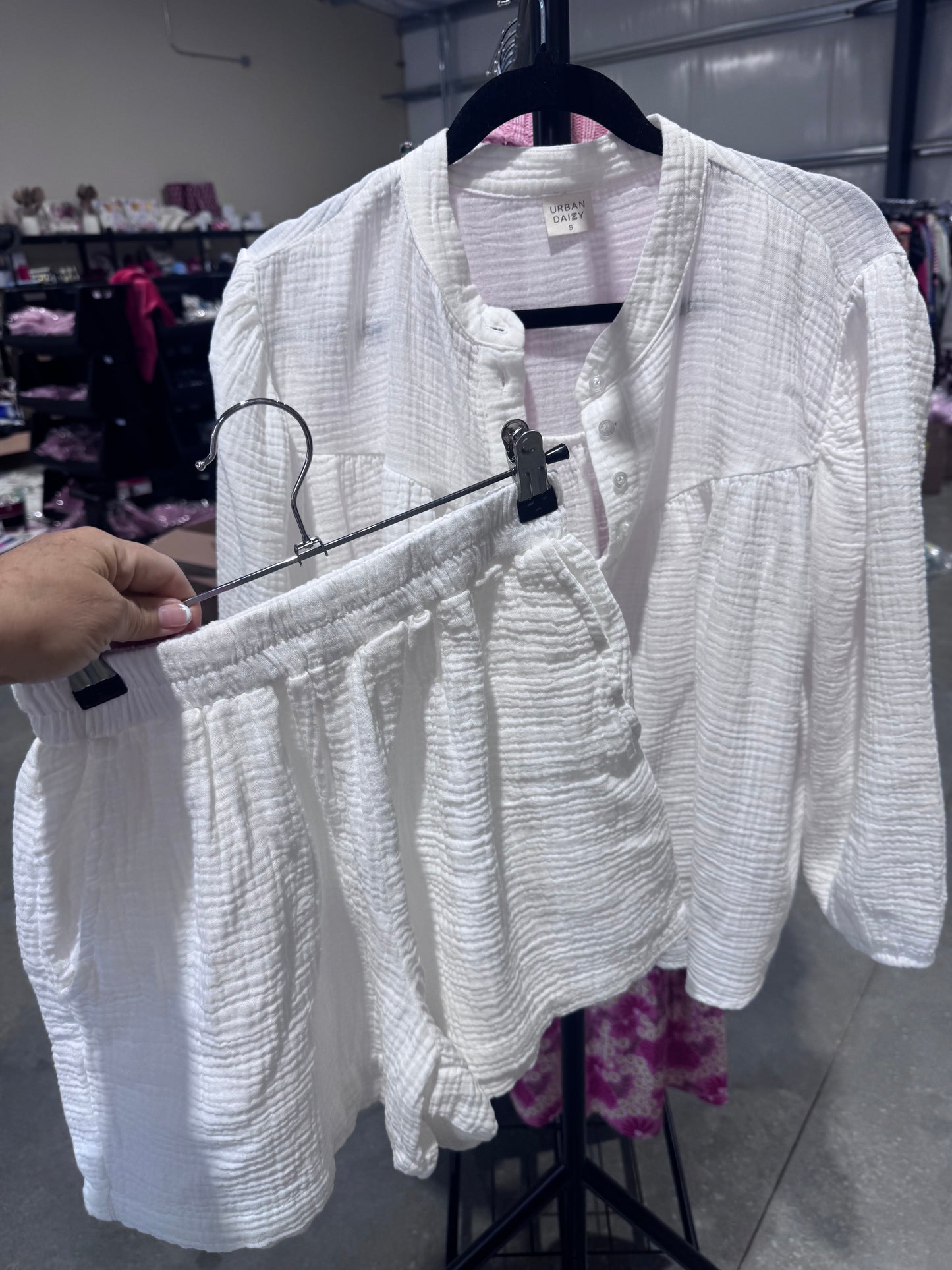 White gauze flowy top and matching shorts