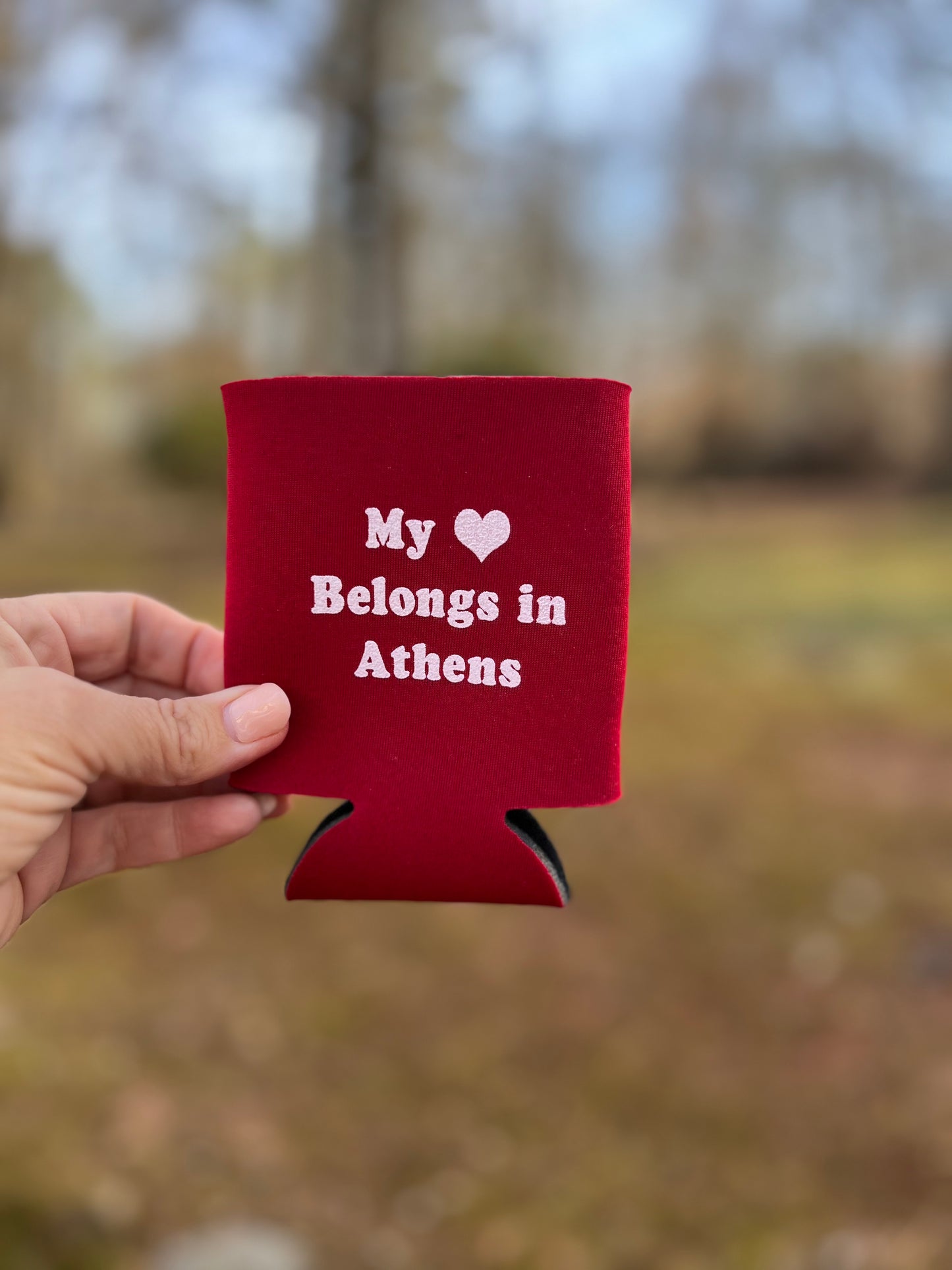 My heart belongs in athens can koozie red