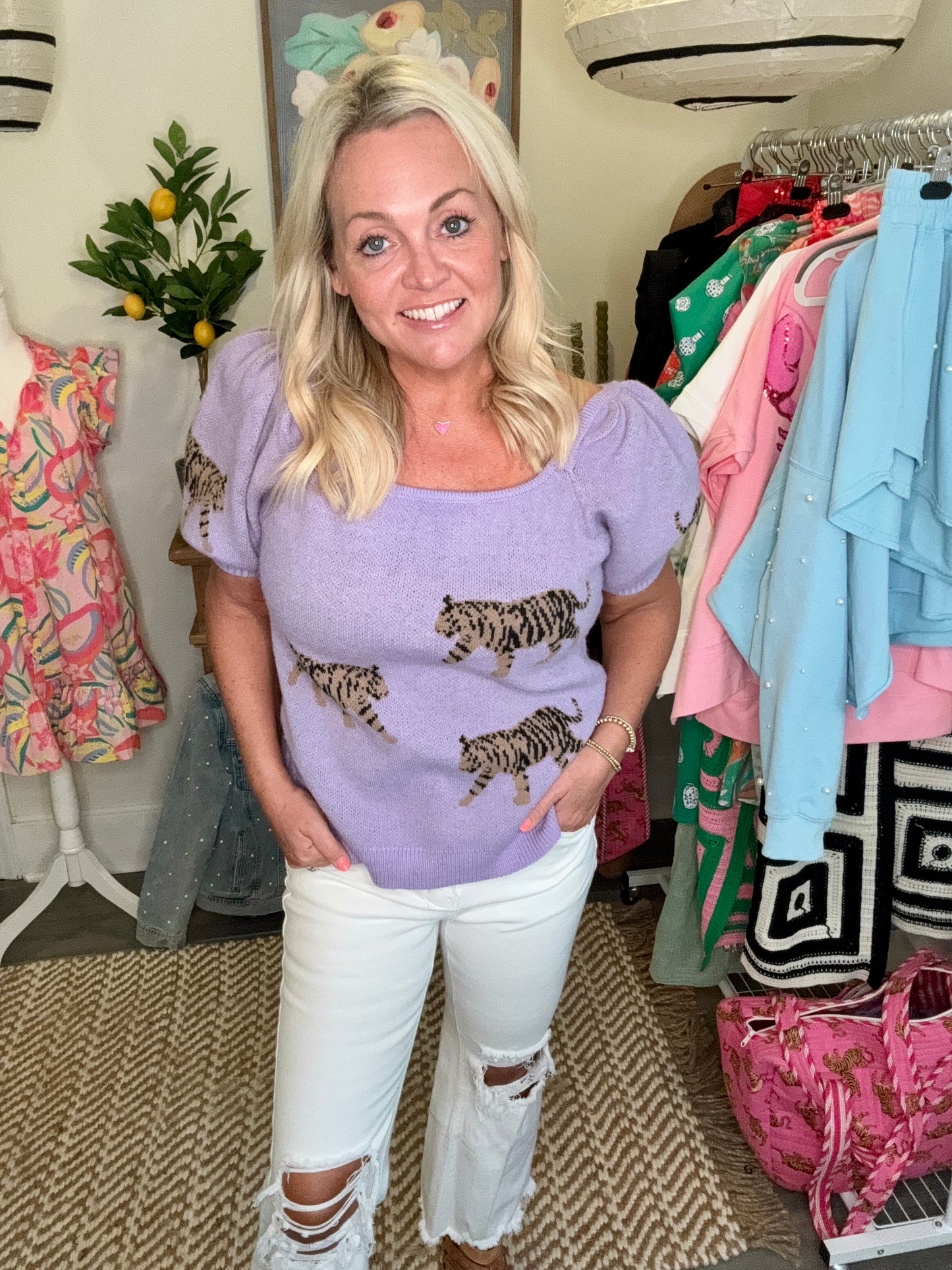 Lavender tiger short sleeve sweater warehouse sale