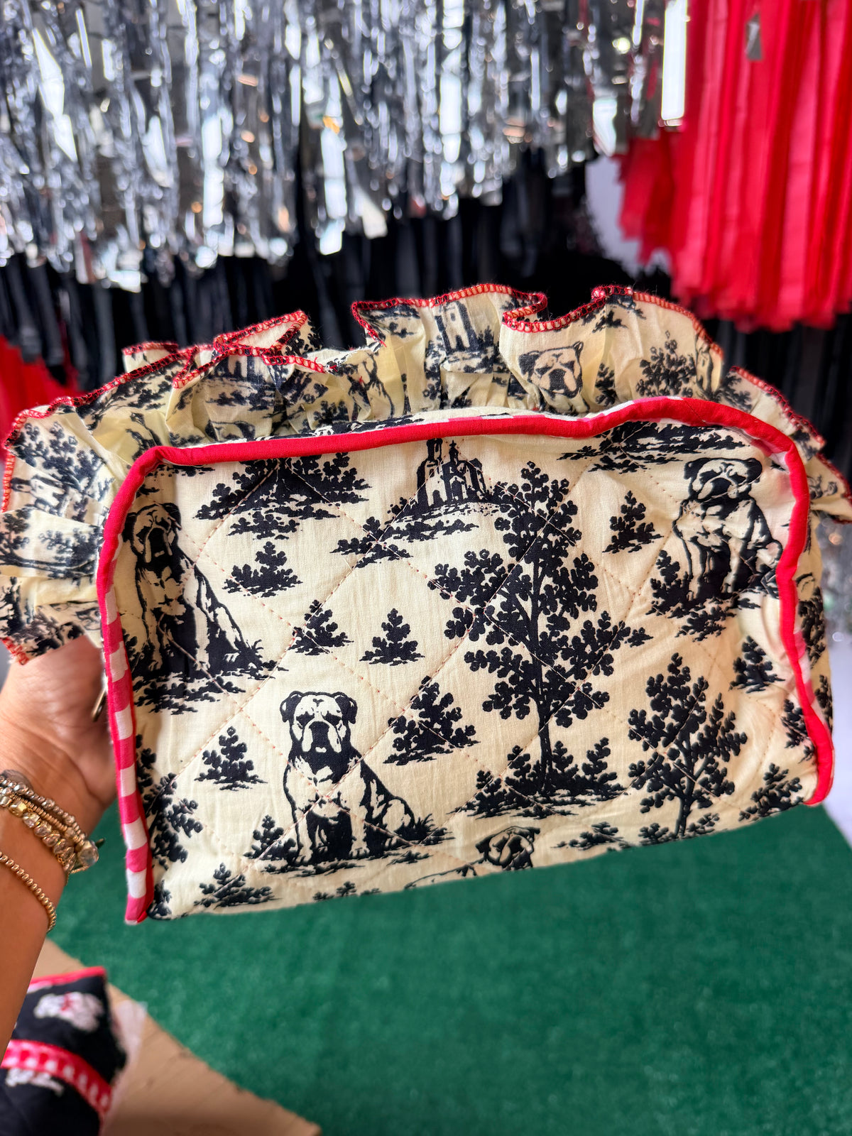 Exclusive bulldog toile cosmetic bag with ruffle