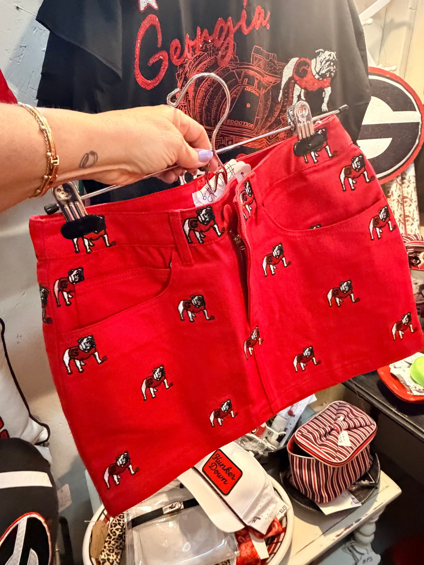 Red denim embroidered dawg skirt Licensed