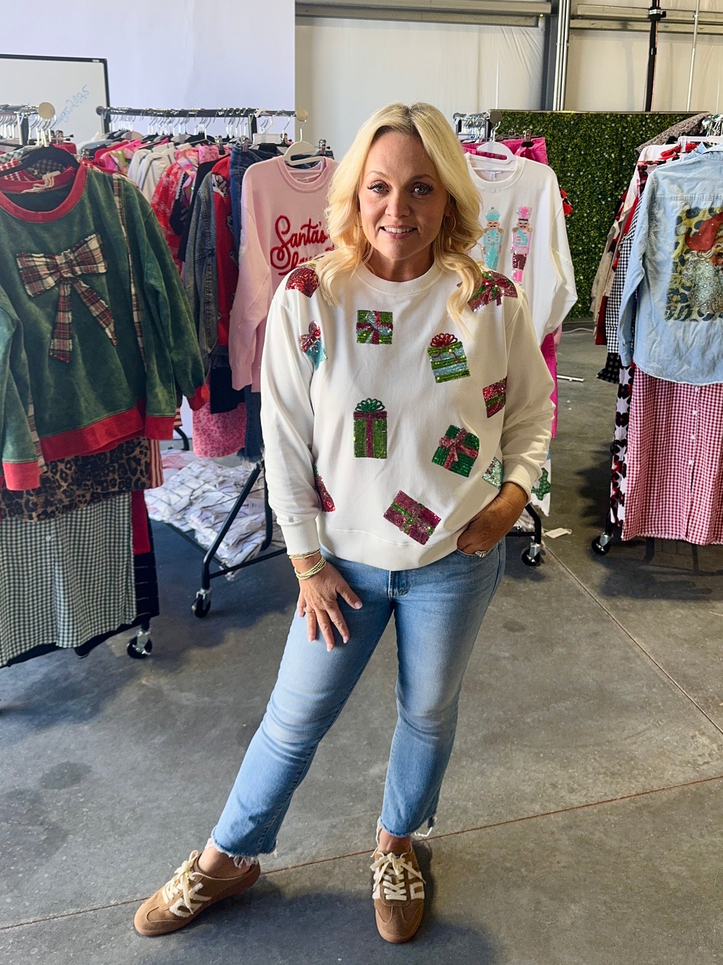 Sequin Christmas present boutique style sweatshirt