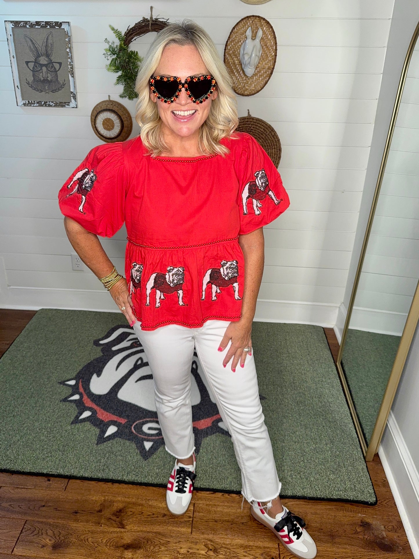 New Sequin bulldog peplum top red licensed lined with red pearl beads
