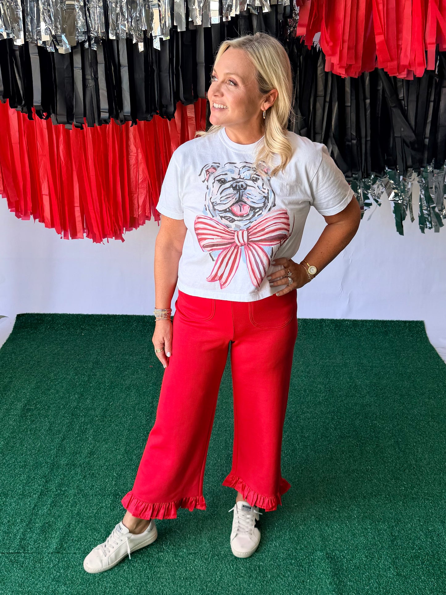 Red ruffle pants
