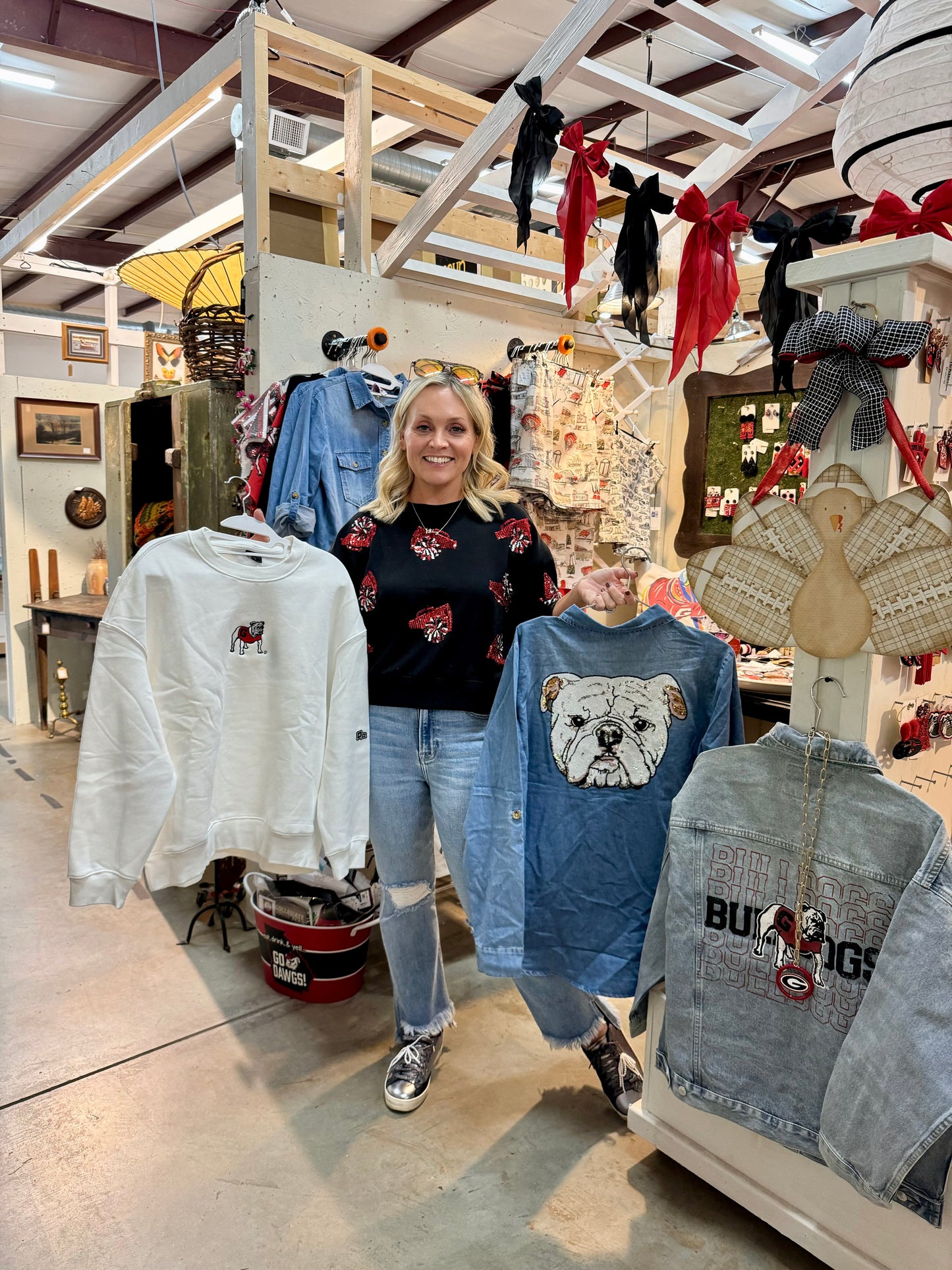 boutique sweatshirt megaphone and pom pom  sequin UGA fall collection