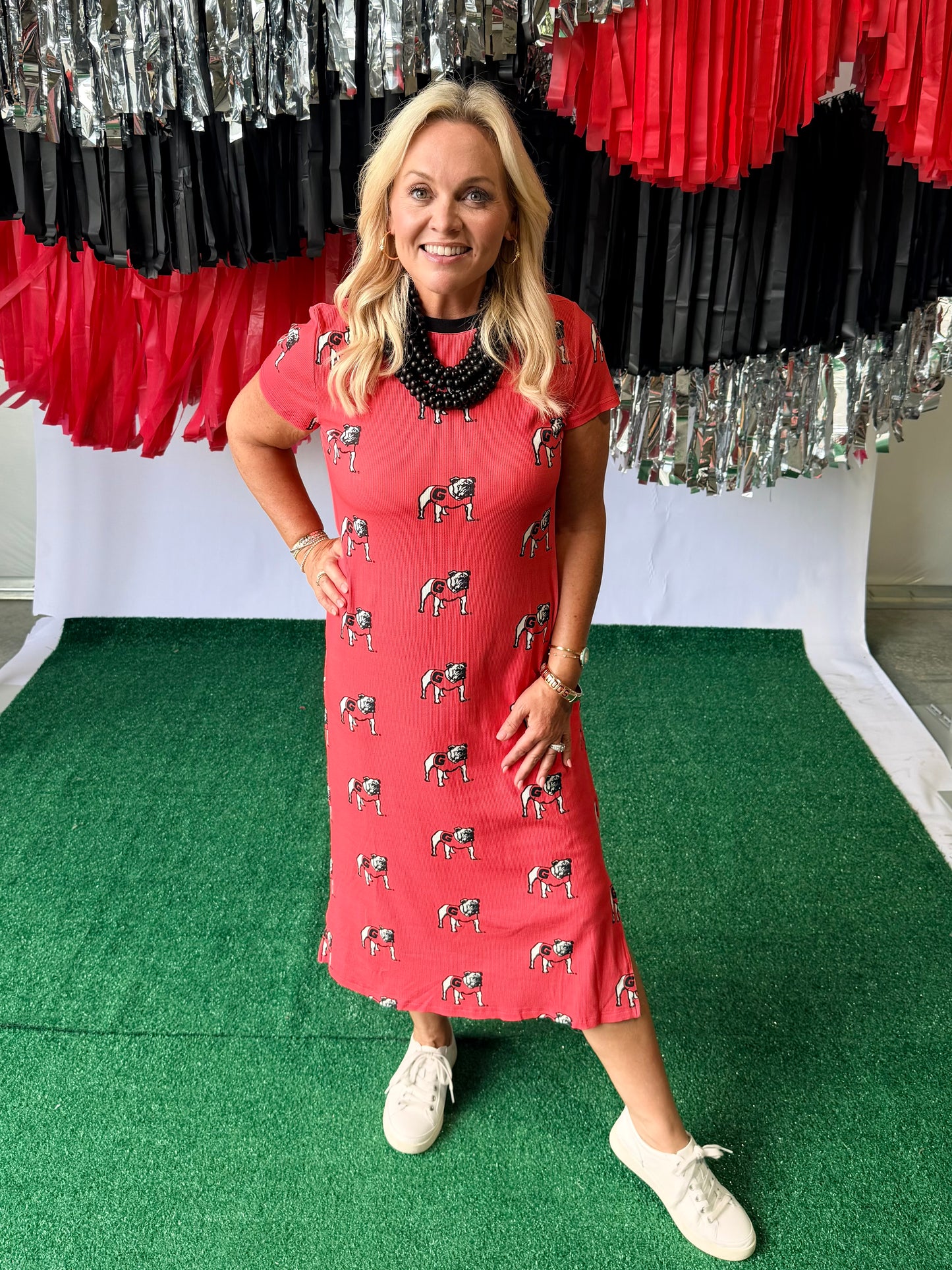 Red long ribbed bulldog maxi dress licensed