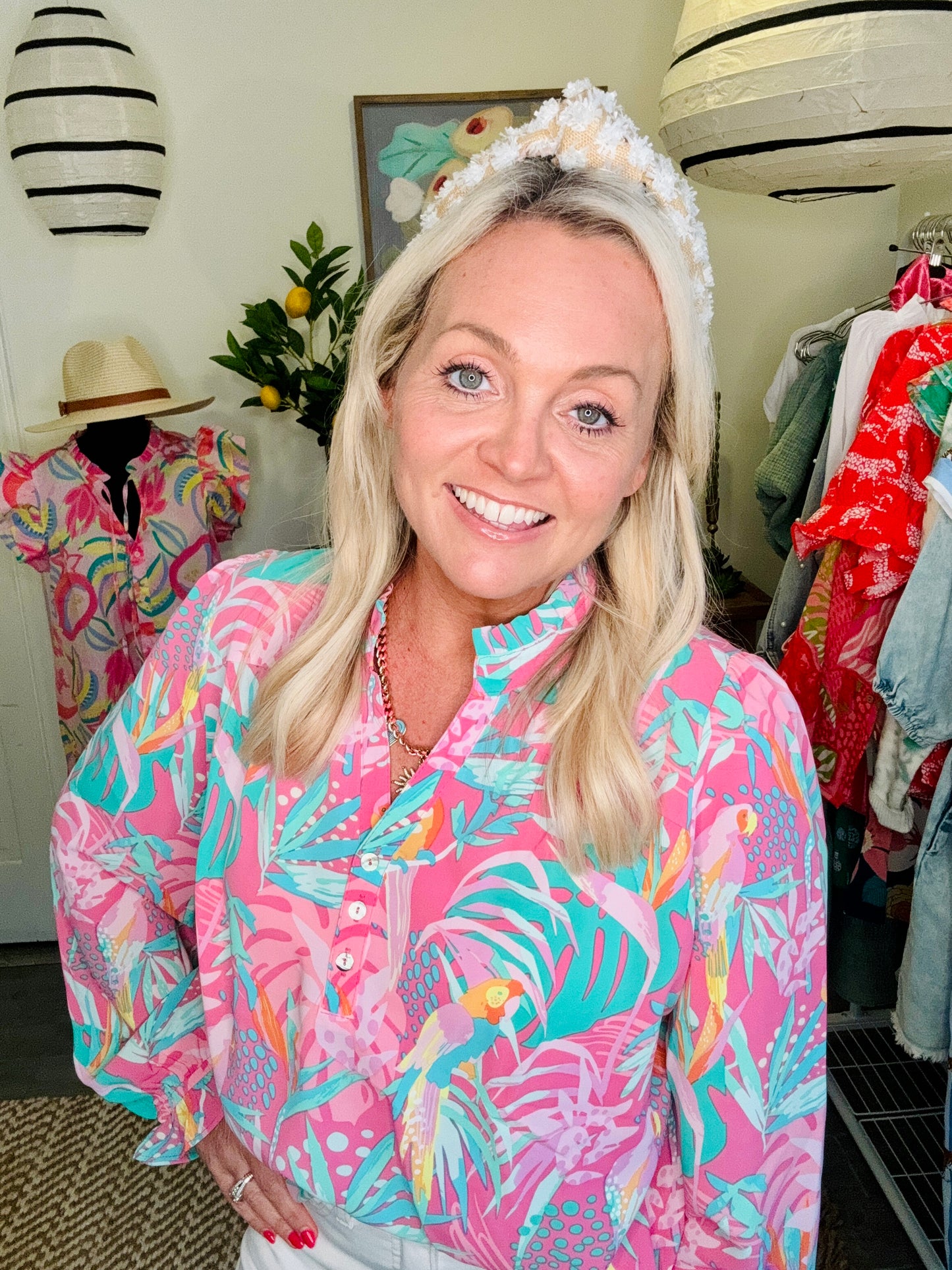 Blouse pink birds tropical warehouse sale