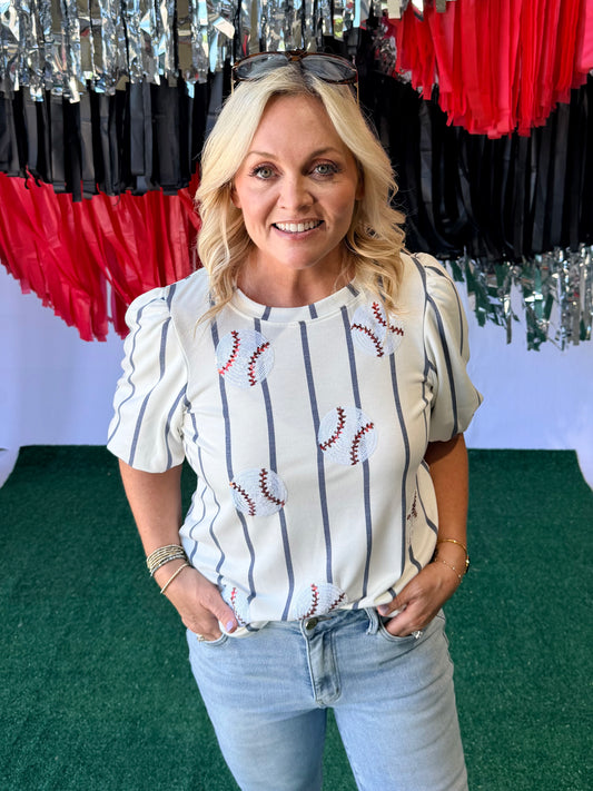 Sequin baseball ⚾️ top Super soft pinstripe white and navy warehouse sale clearance marked down