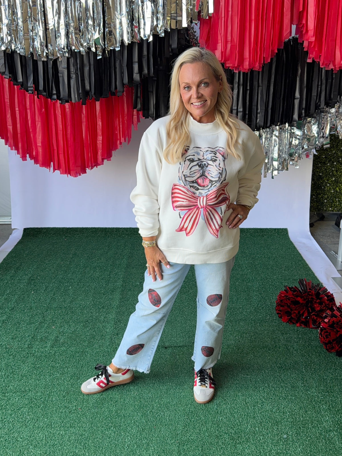 Denim jeans sequin red footballs