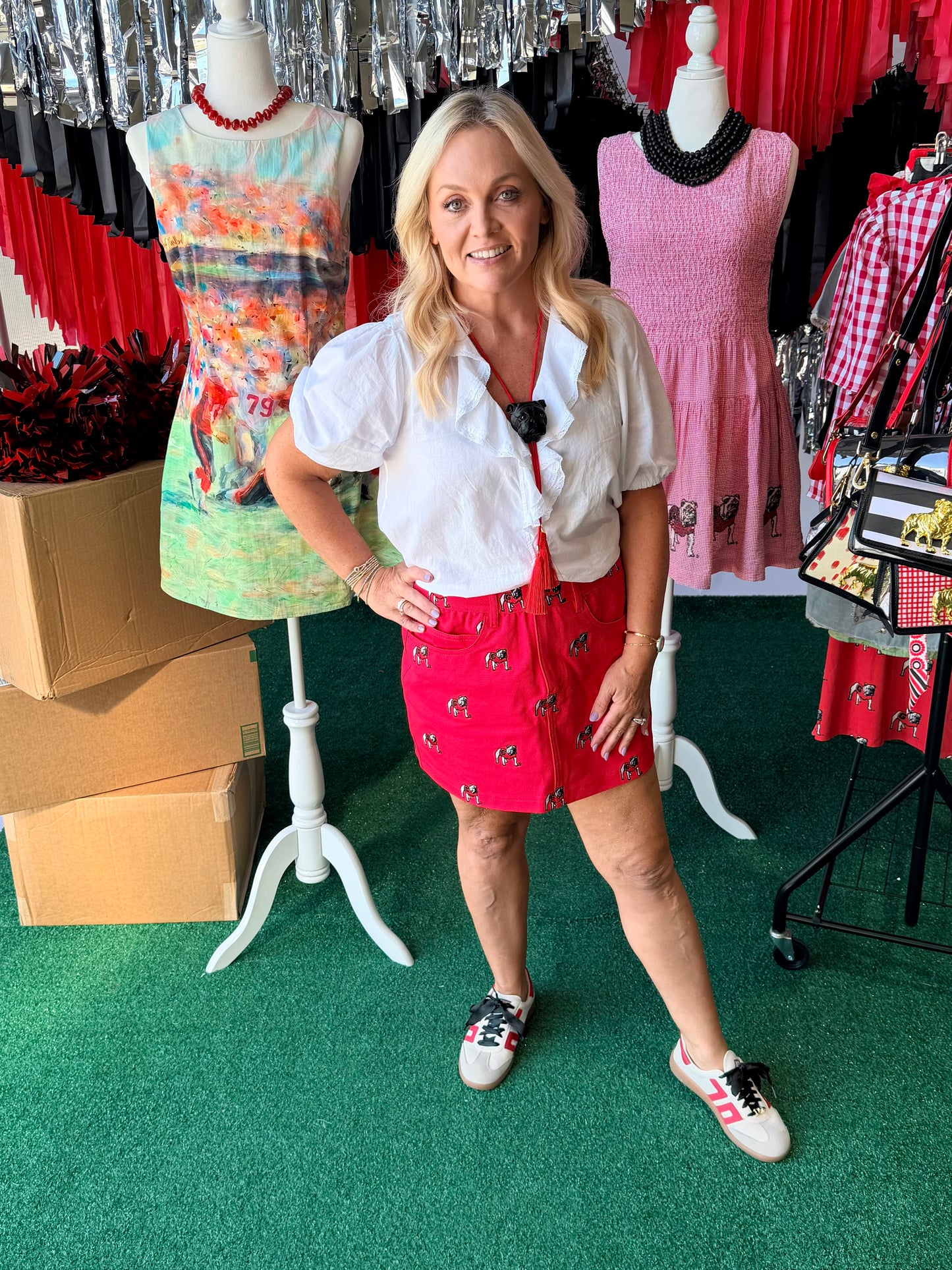 Red denim embroidered dawg skirt Licensed