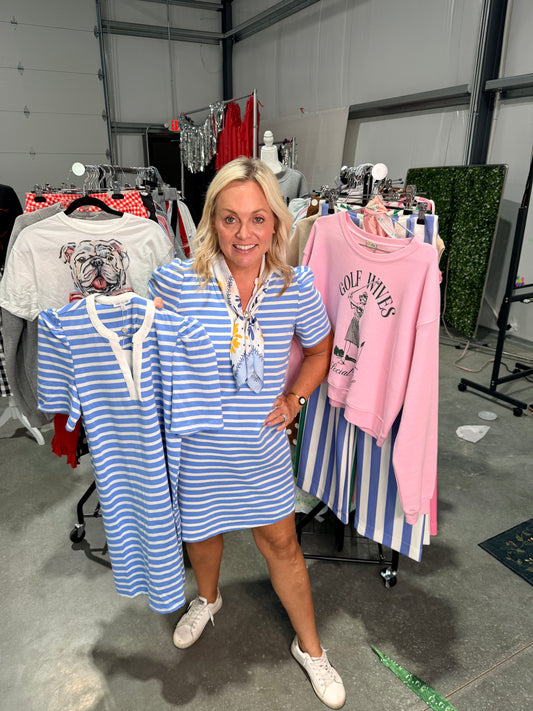 Blue and white striped dress