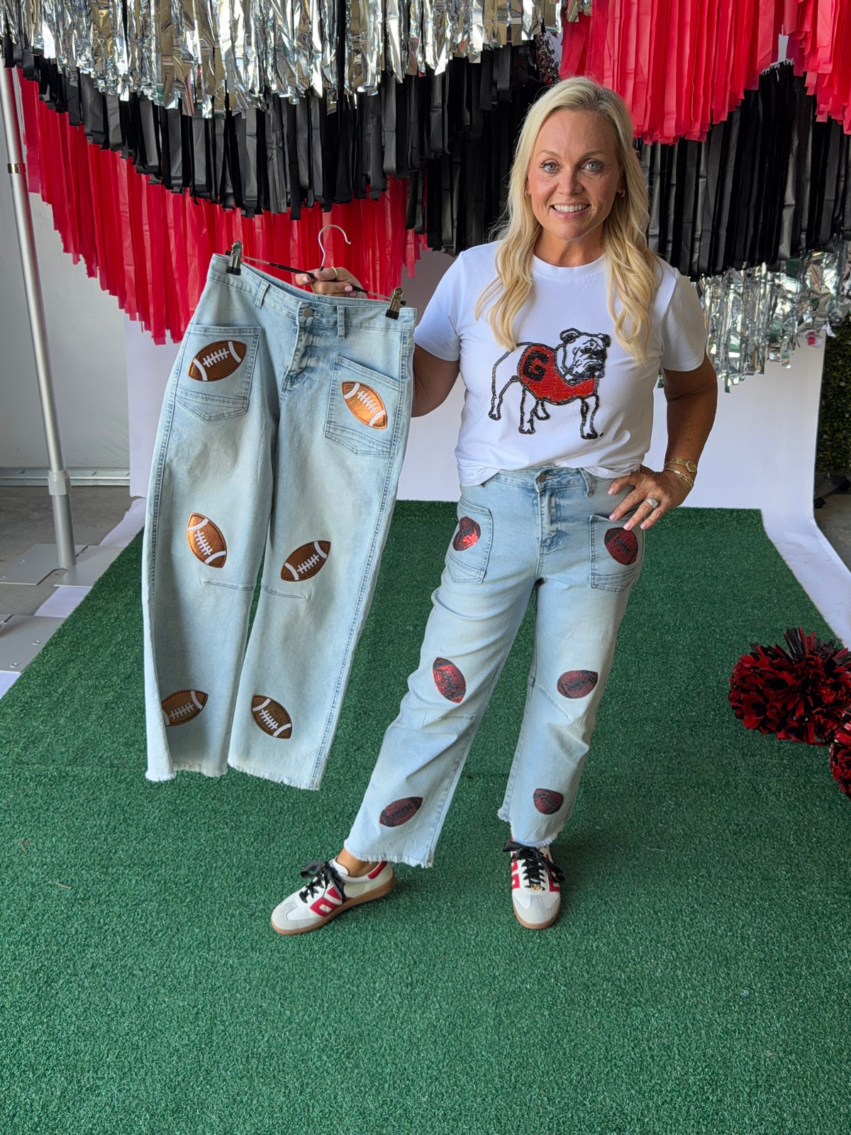 Denim jeans sequin red footballs
