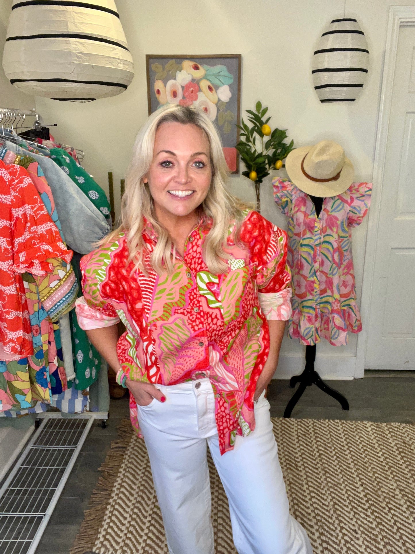 Blouse spring summer coral green button up warehouse sale