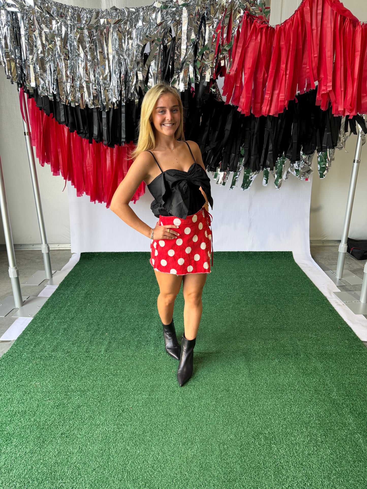Game day Polka dot overlay wrap front skort red
