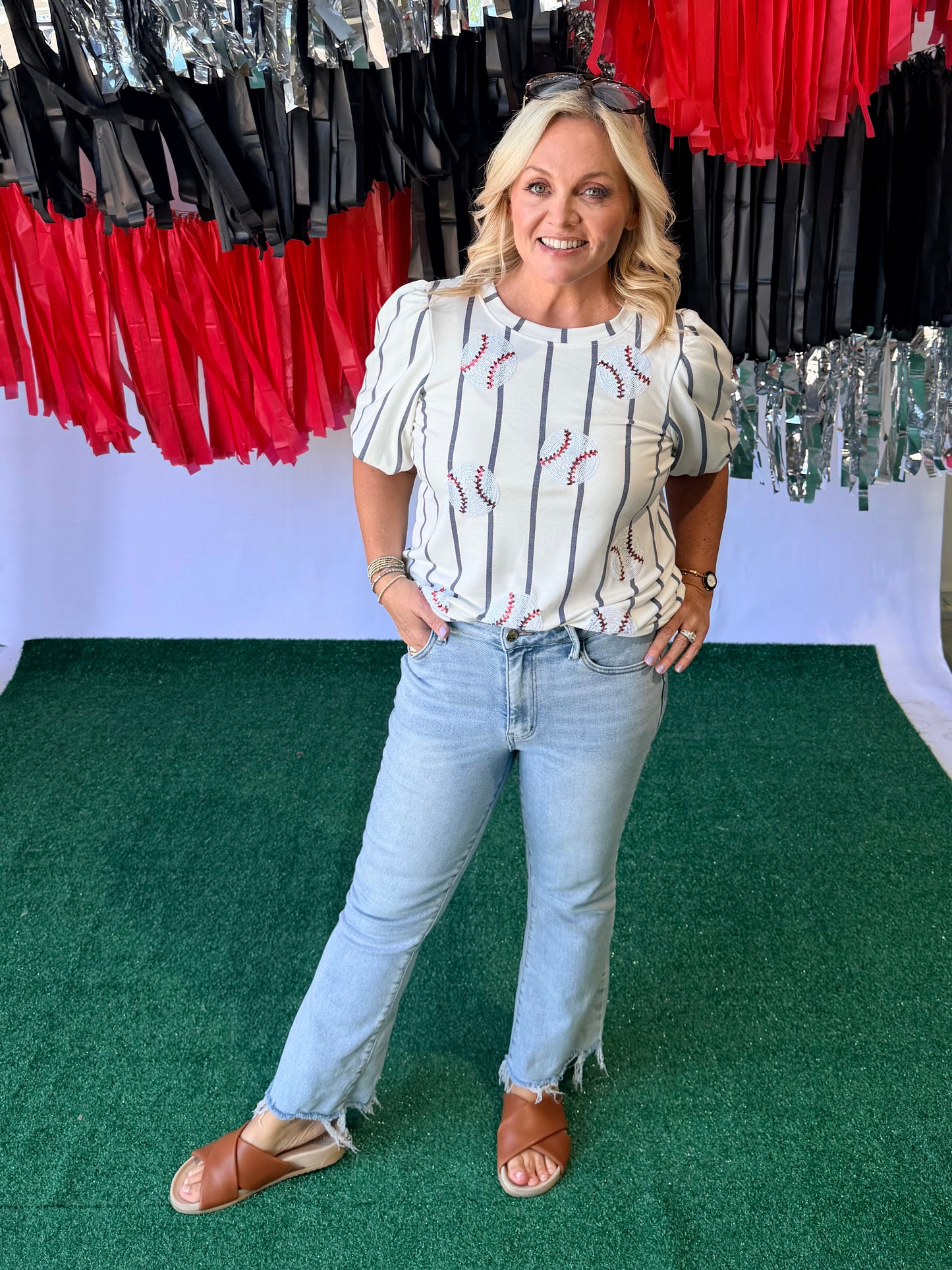 Sequin baseball ⚾️ top Super soft pinstripe white and navy warehouse sale clearance marked down