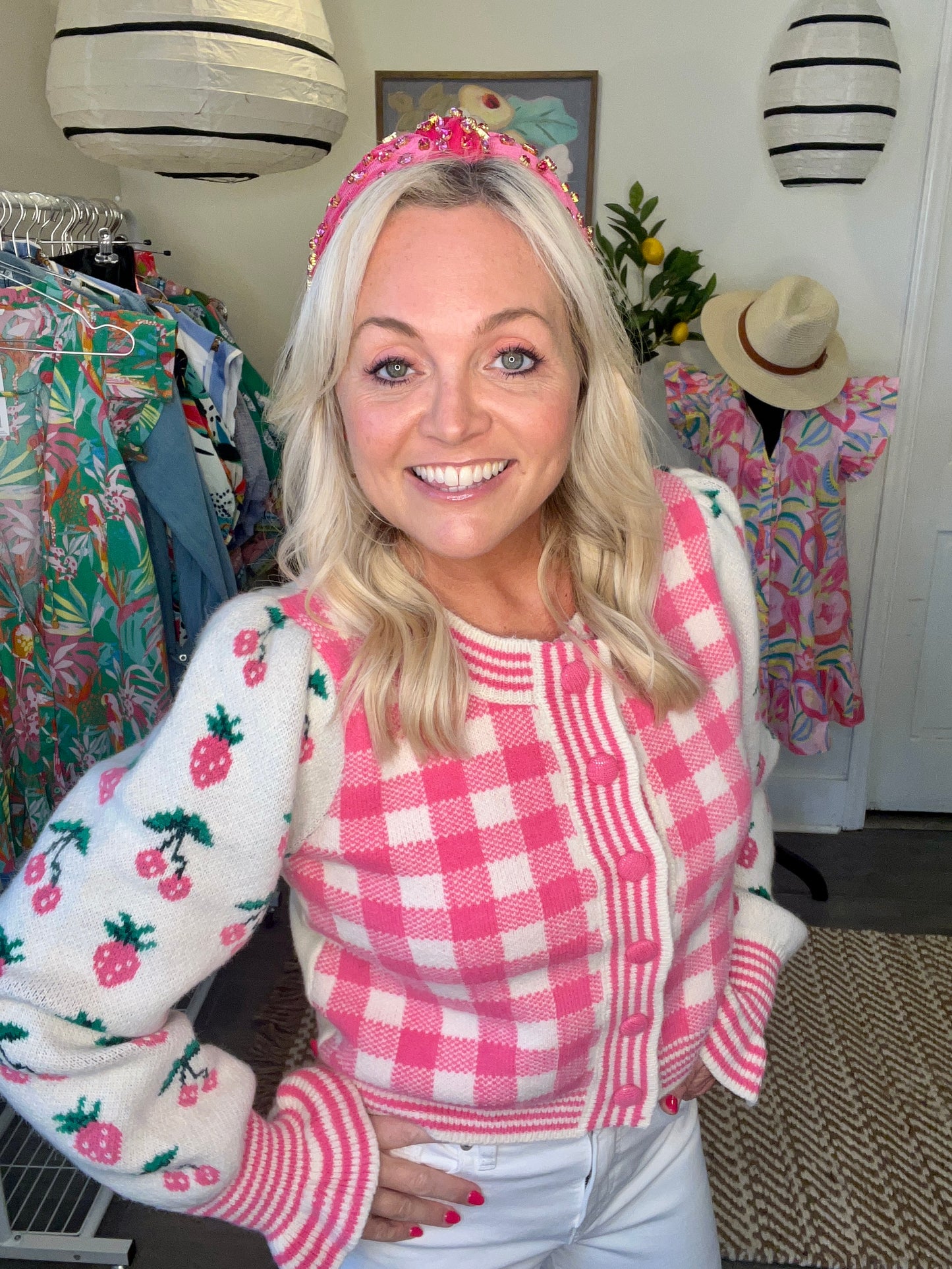 Pink and white strawberry plaid cardigan spring summer warehouse sale