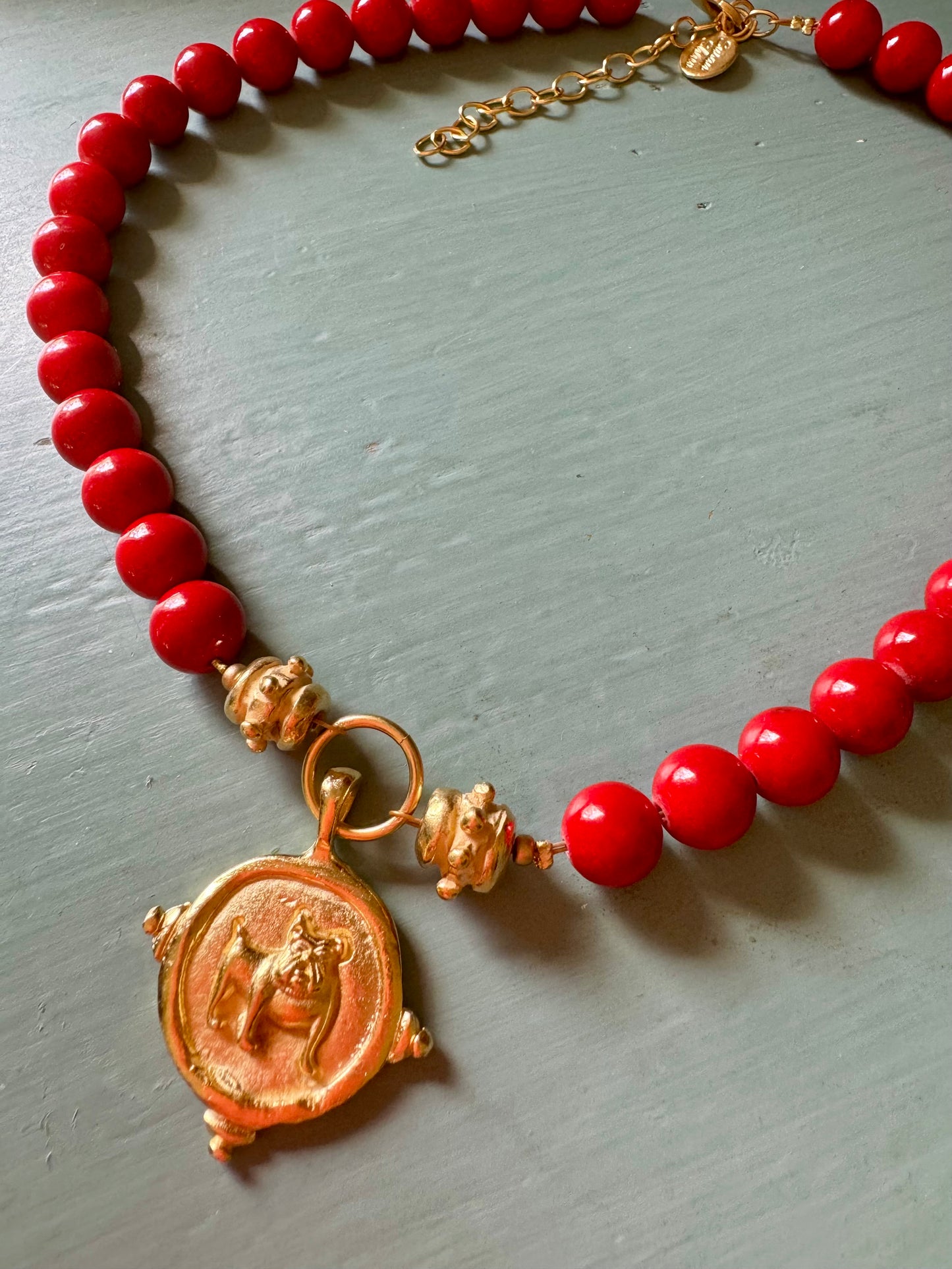 Susan Shaw Red coral gold bulldog medallion necklace