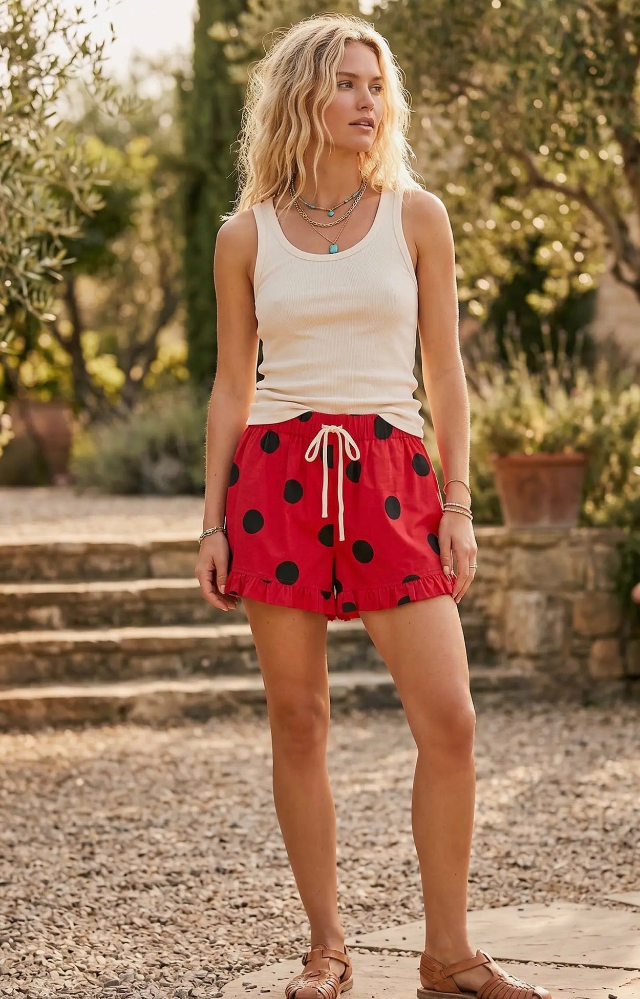 Ruffle game day red and black polka dot shorts