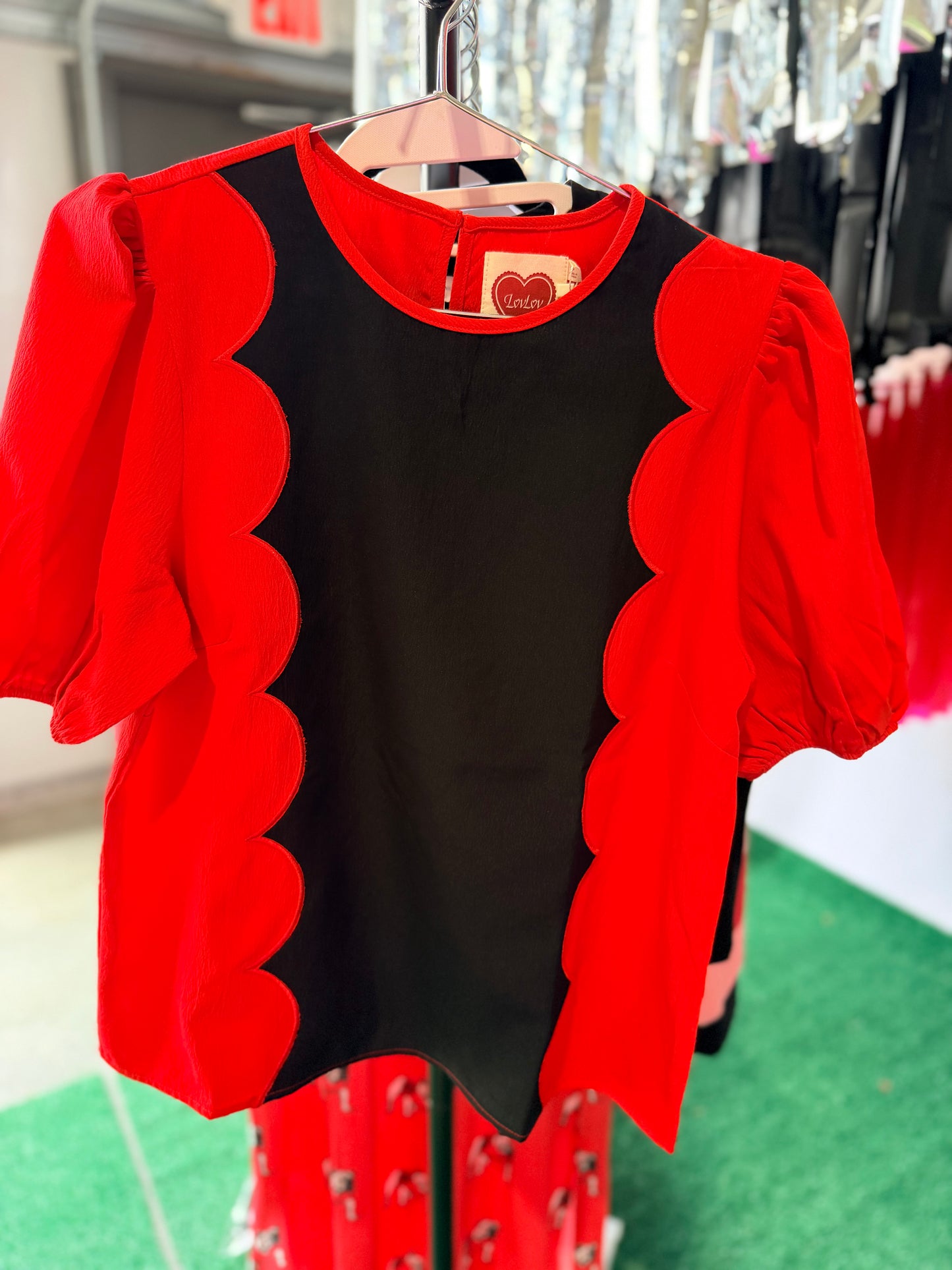 Wave scalloped black and red blouse