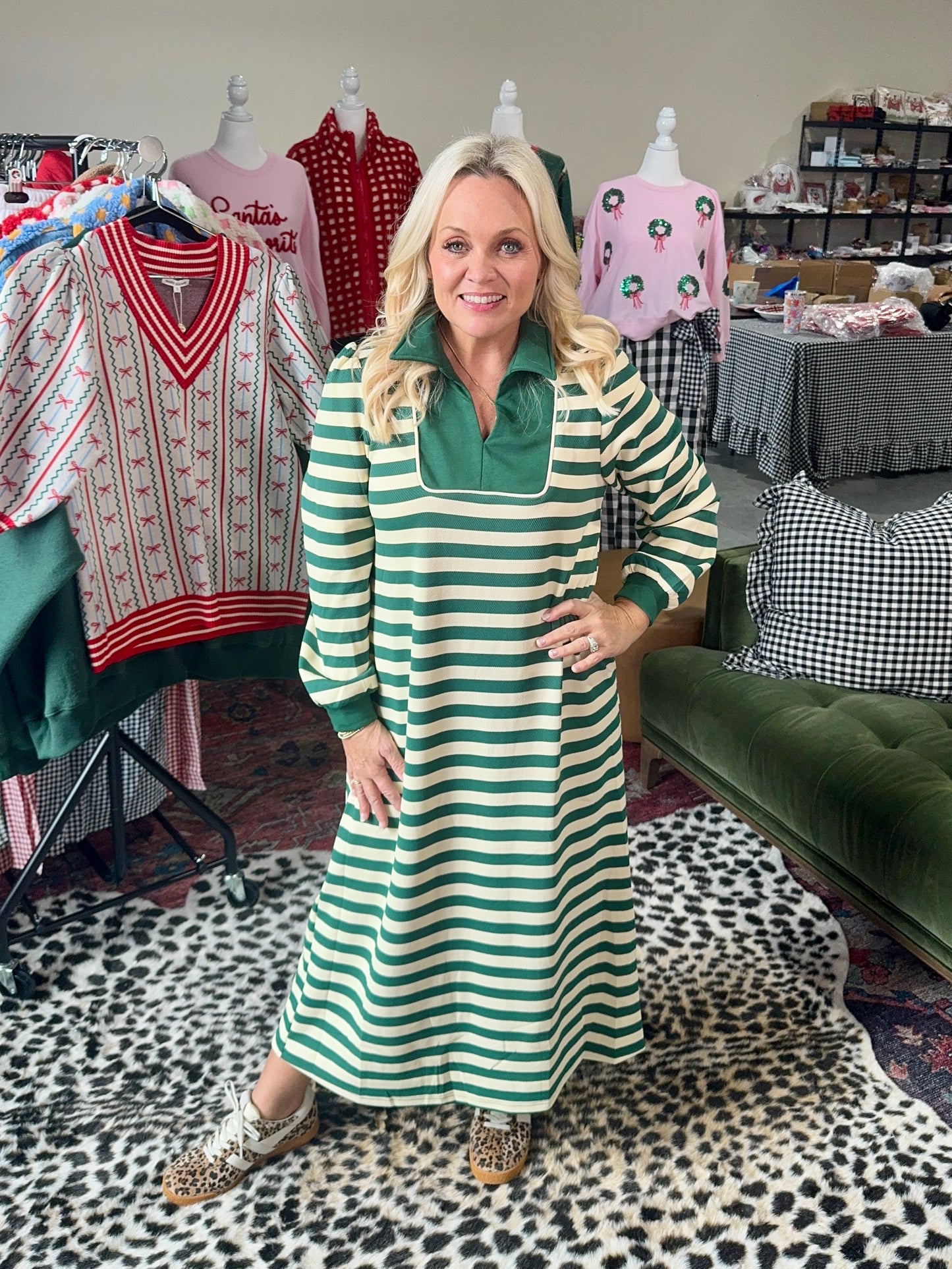 Green stipe dress midi