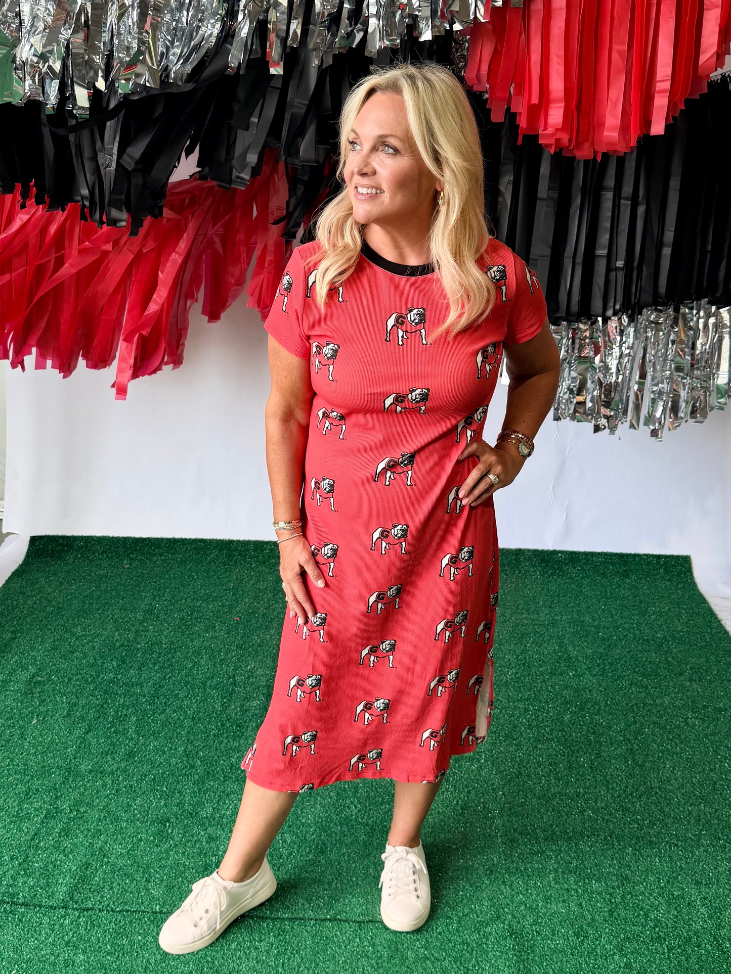 Red long ribbed bulldog maxi dress licensed