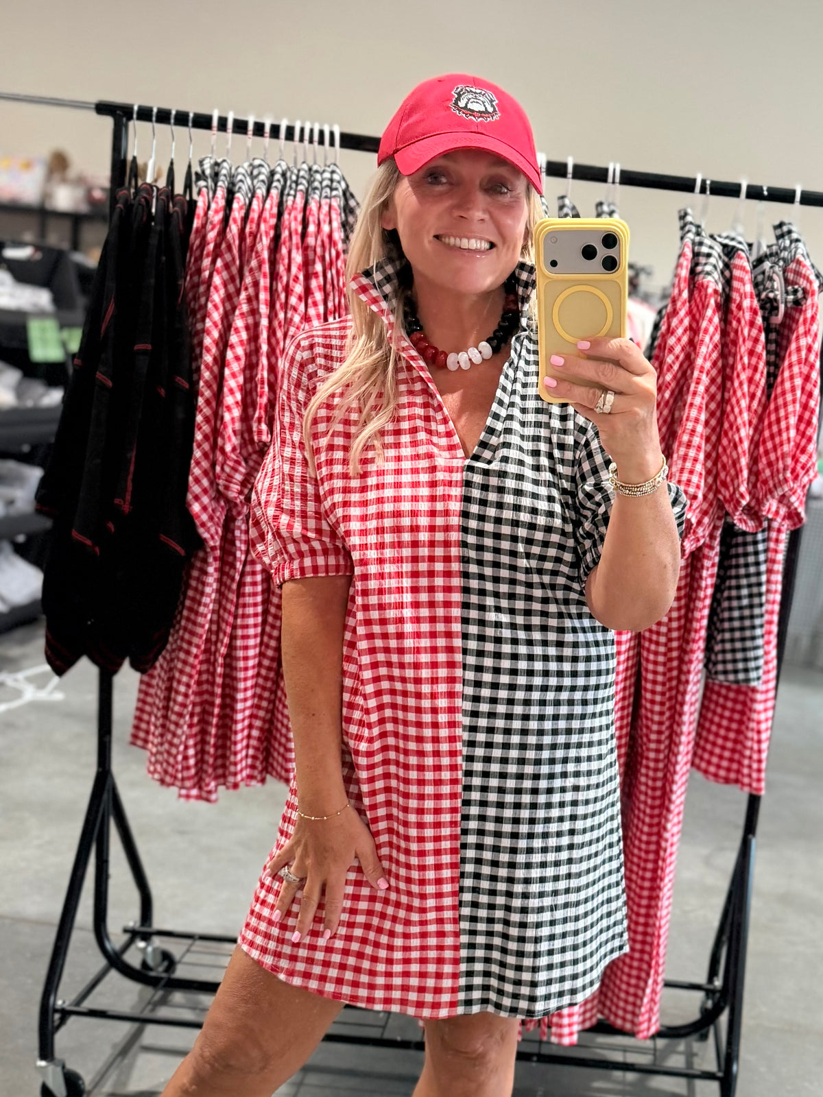 Gingham black and red and white shorter version dress