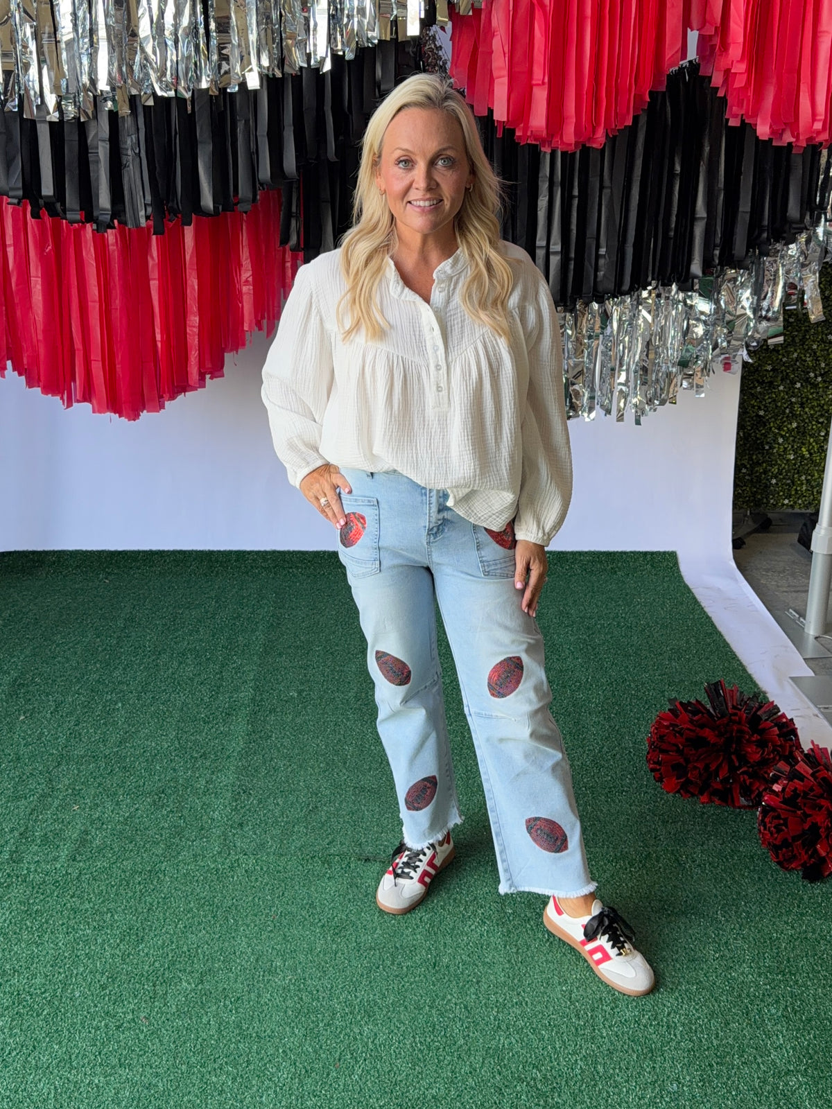 Denim jeans sequin red footballs
