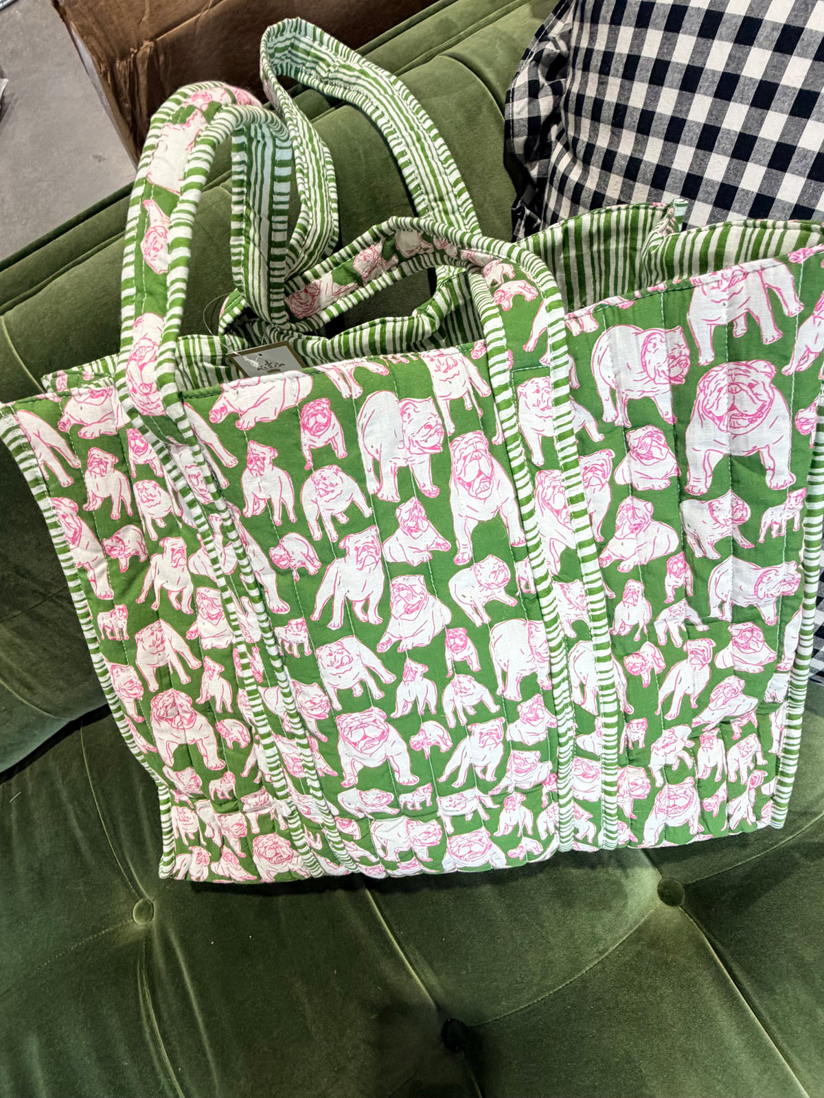 Green and pink quilted bulldog tote