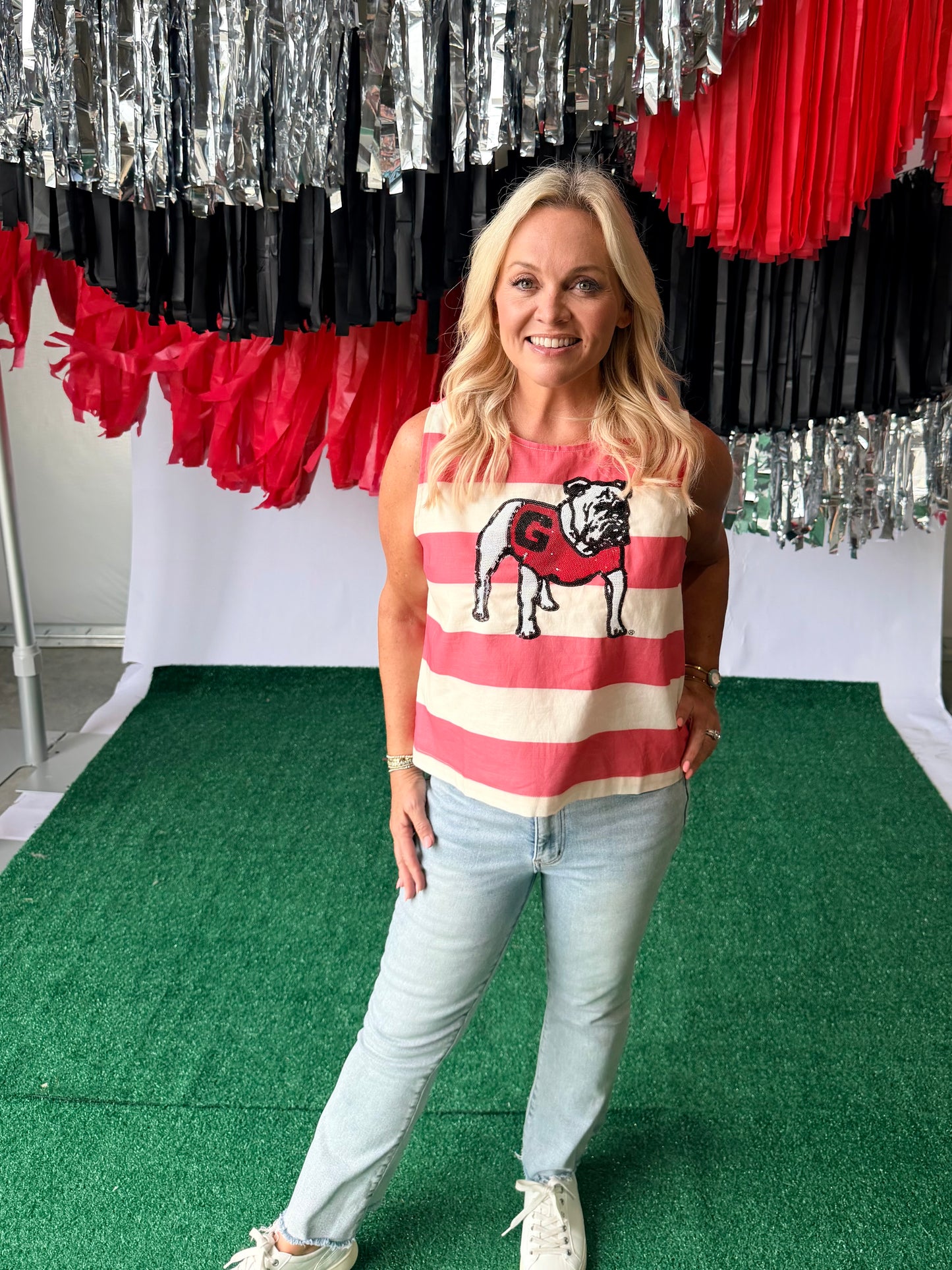 Striped top with sequin bulldog licensed up to size 3XL