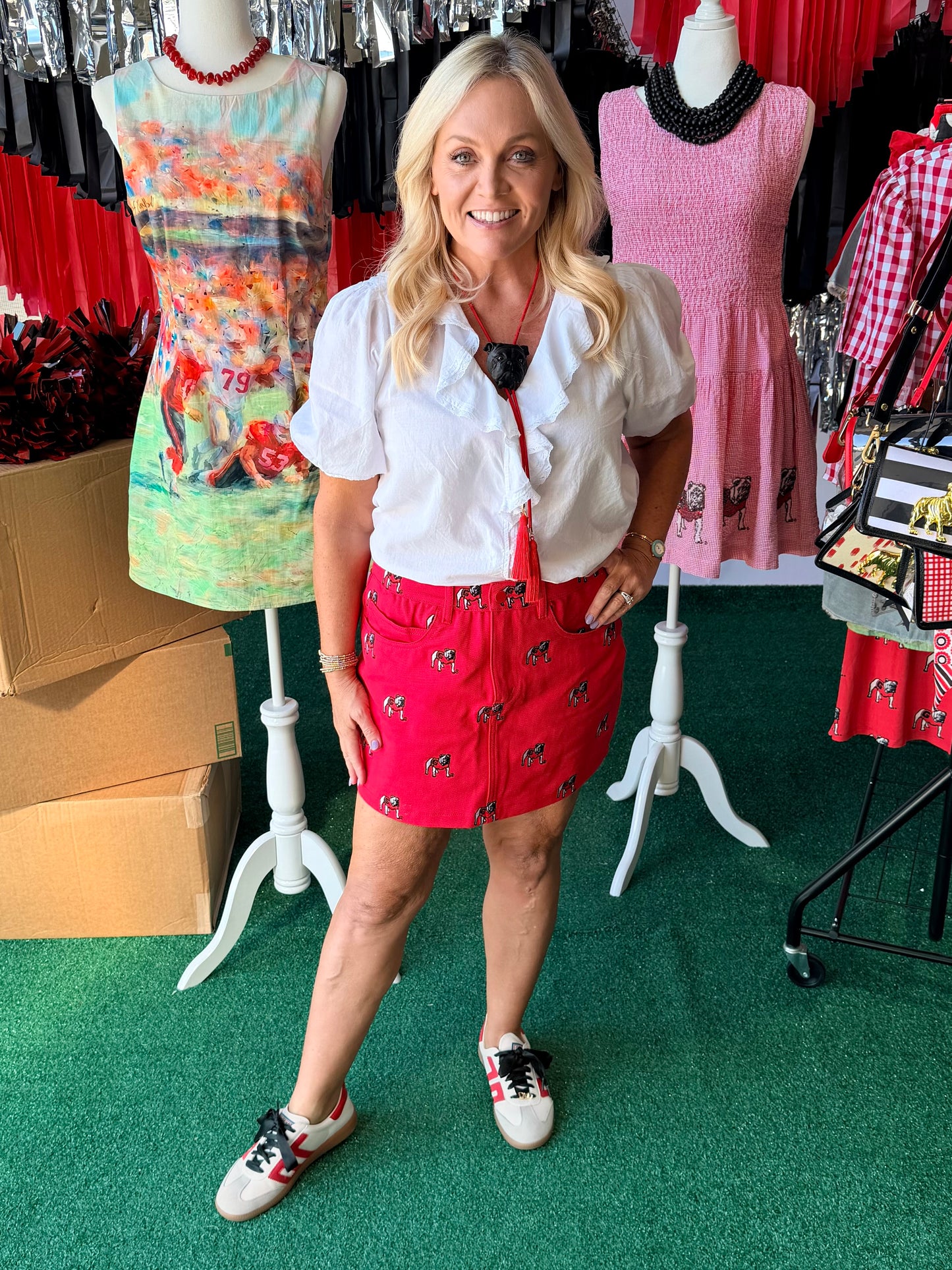 Red denim embroidered dawg skirt Licensed