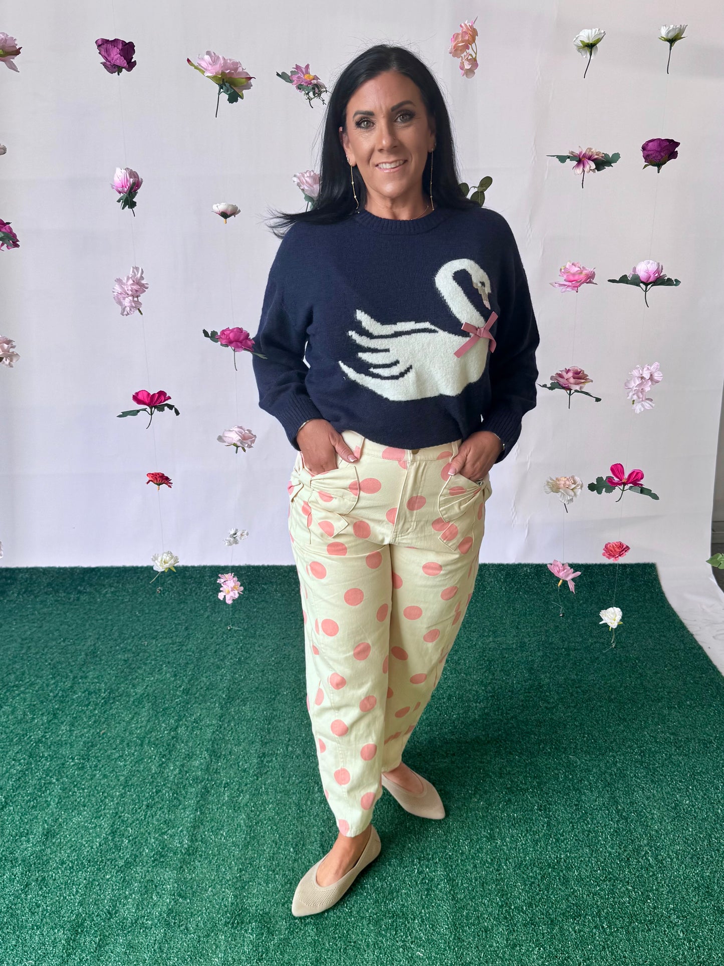 Cream barrel pants with pink polka dot up to 3X!