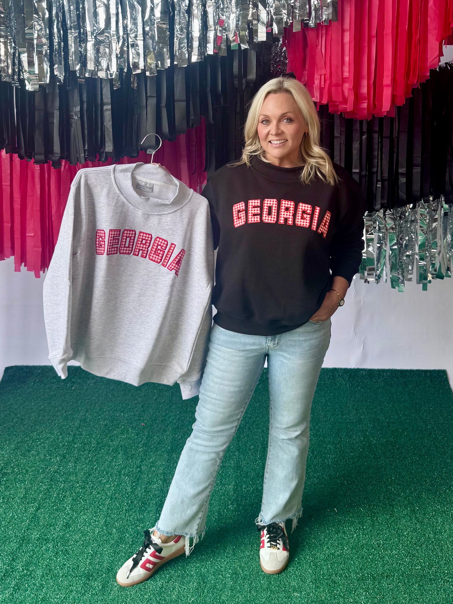 Licensed mock neck ash gray gingham embroidered Georgia