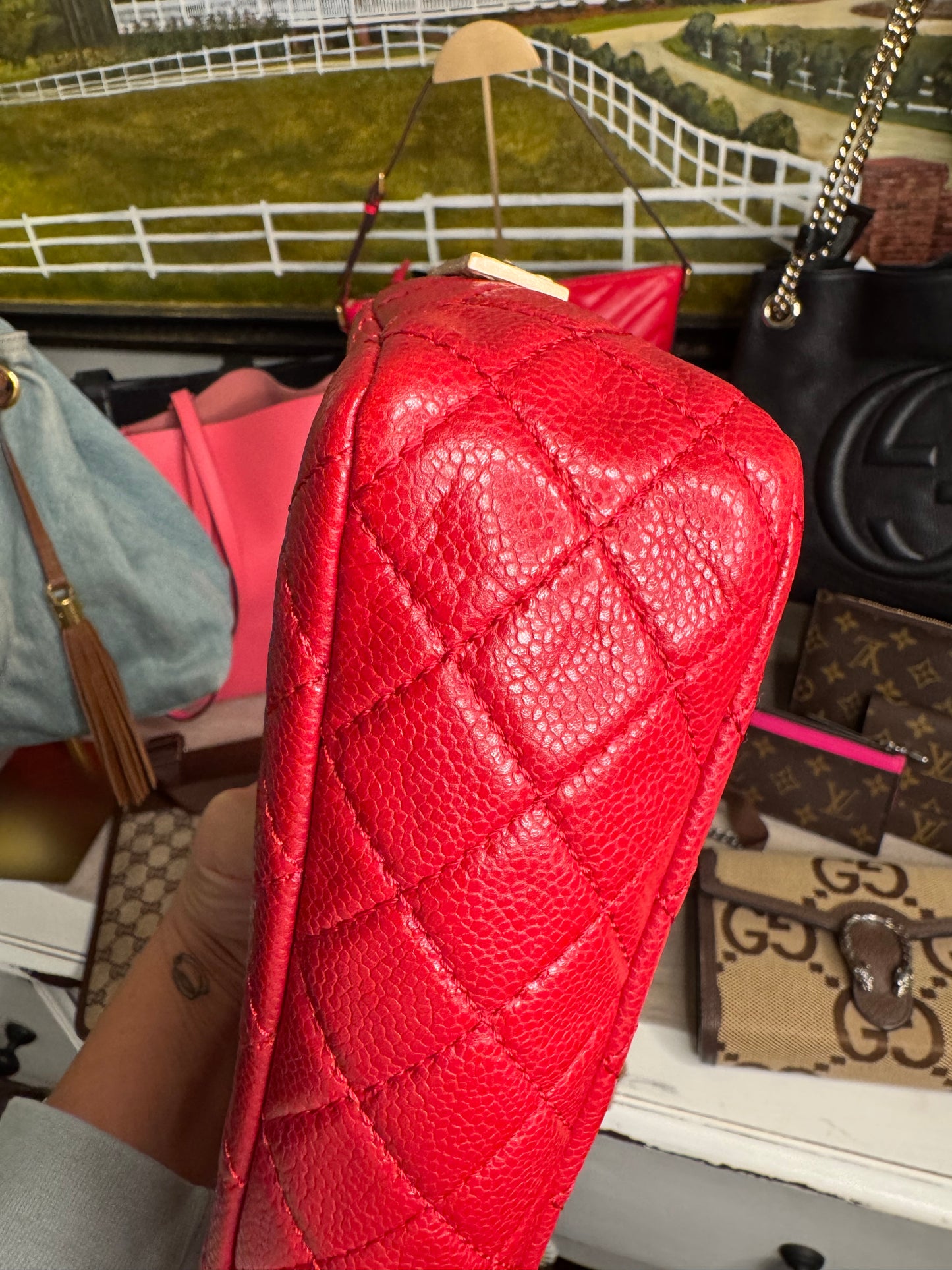 pre loved Chanel Red Hishige Caviar Shoulder Bag Silver Shoulder Back Bag Red Shoulder Bag Caviar (grained Calf) AB