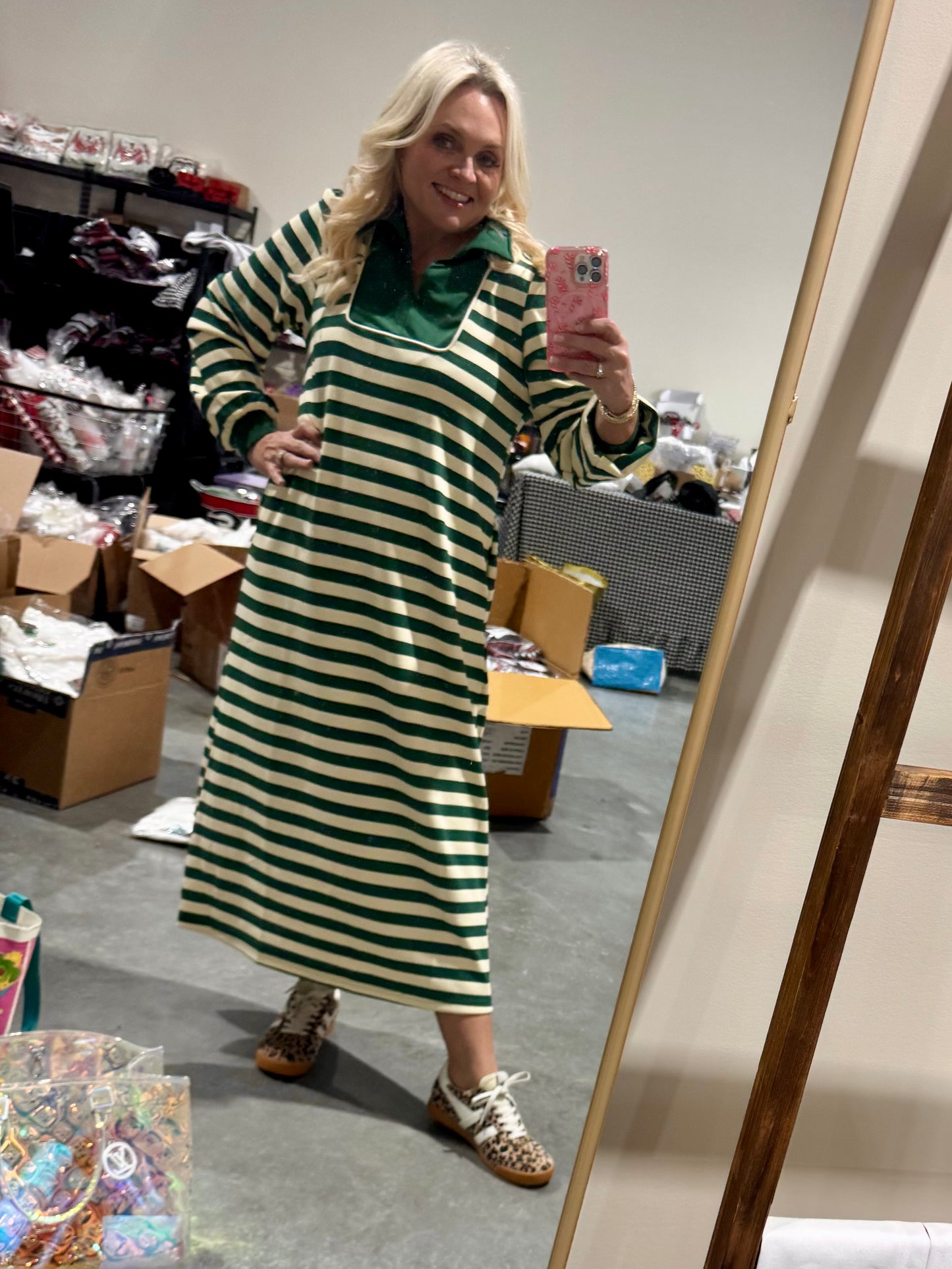 Green stipe dress midi