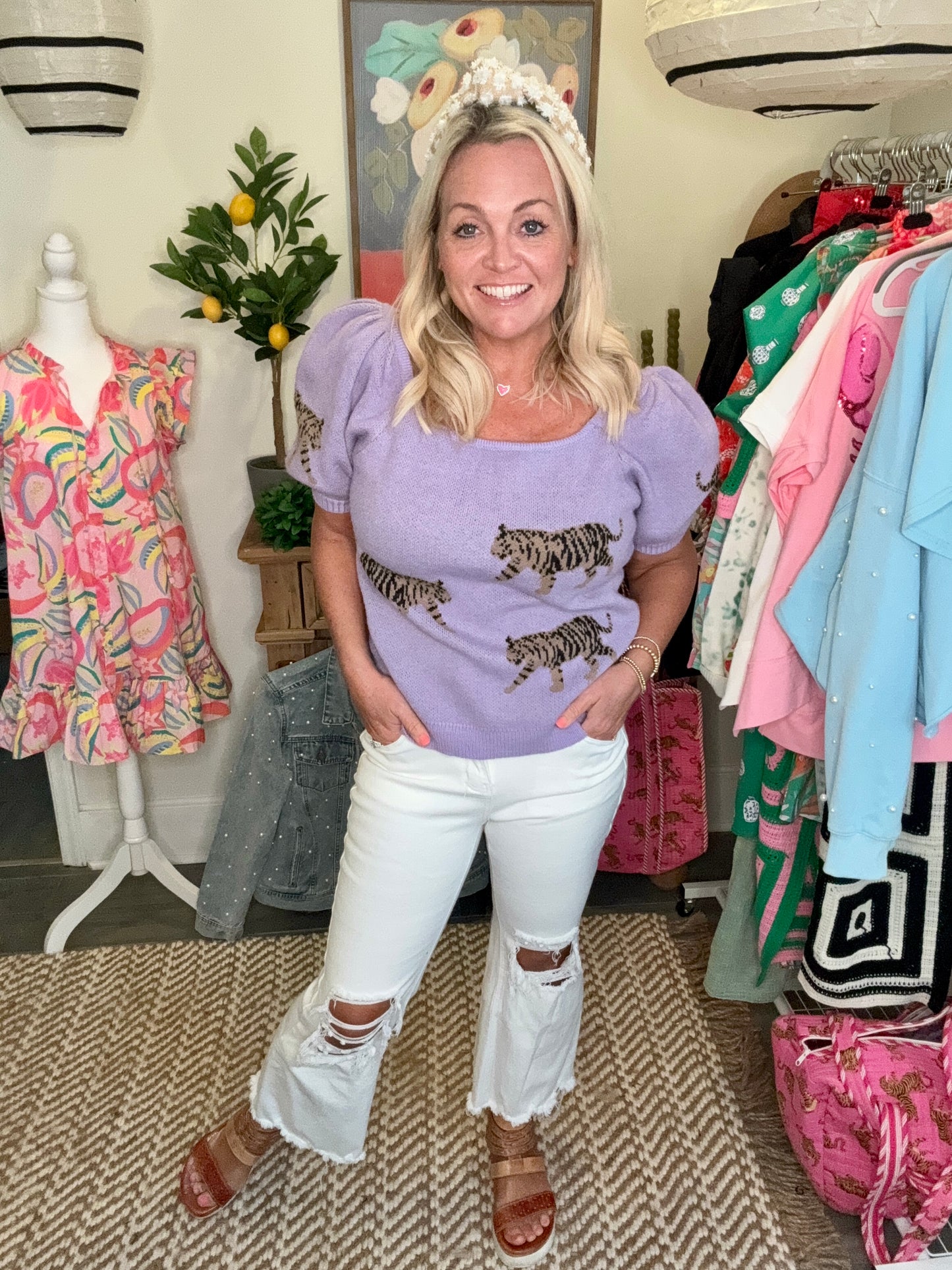 Lavender tiger short sleeve sweater warehouse sale