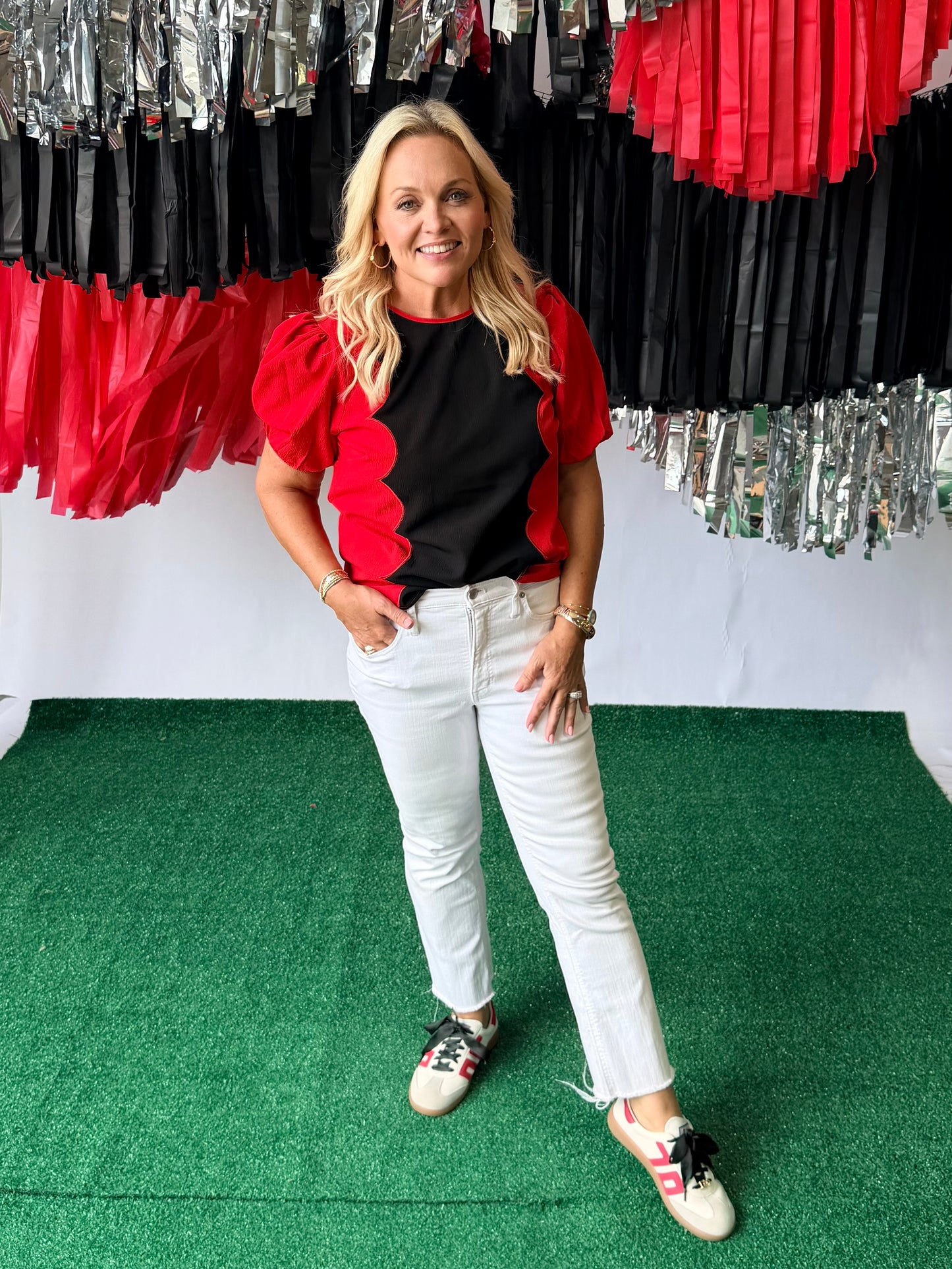 Wave scalloped black and red blouse