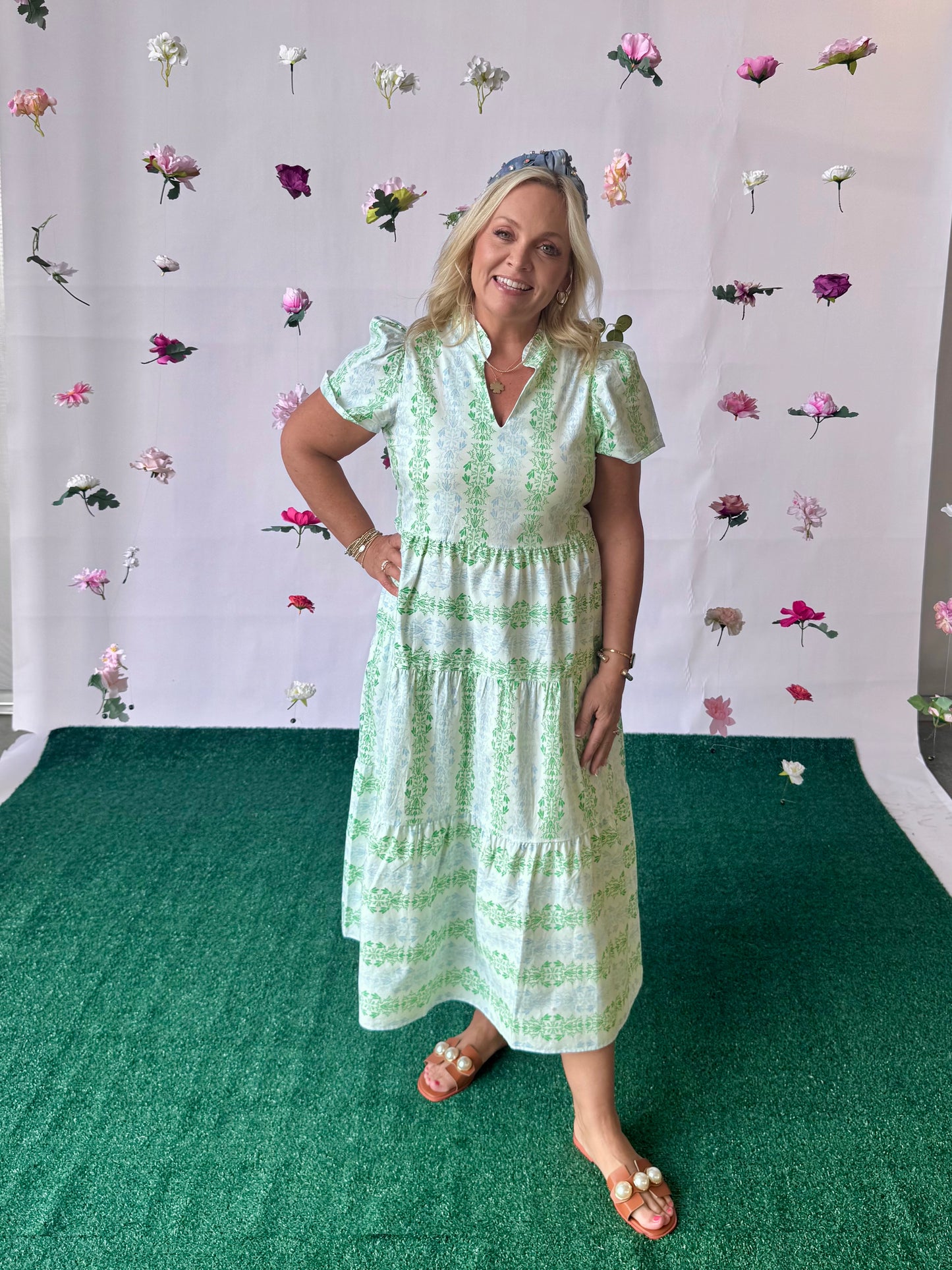 Green and blue and white short sleeve dress up to 2X