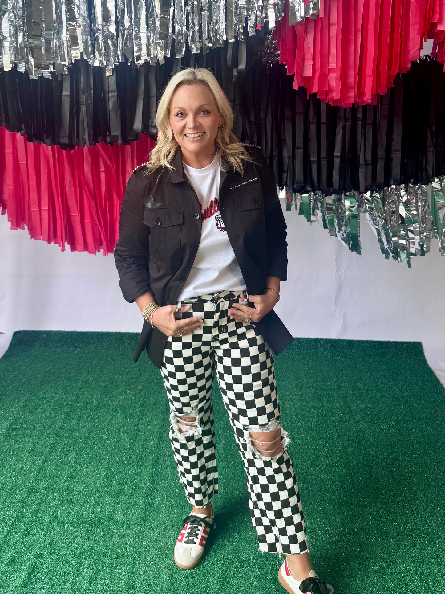 Game day black and white checked distressed raw edge jeans
