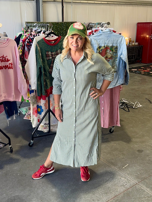 Green gingham shirt dress