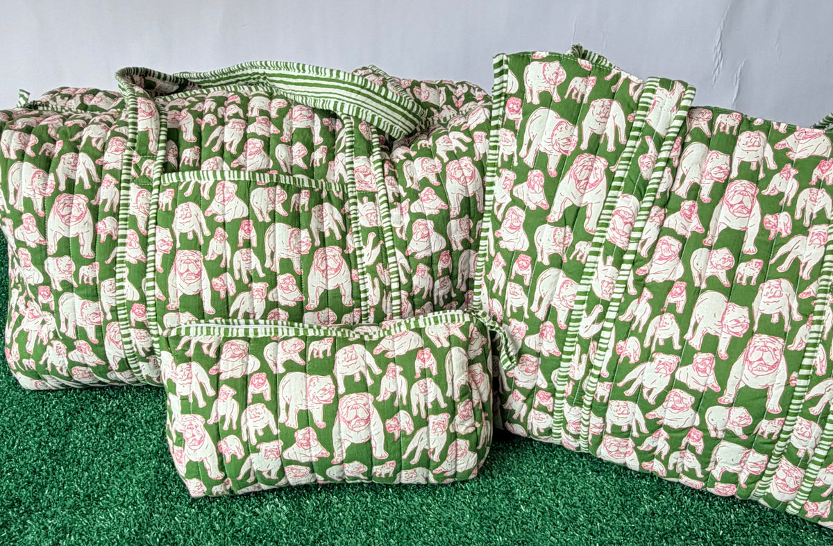 Green and pink quilted bulldog tote
