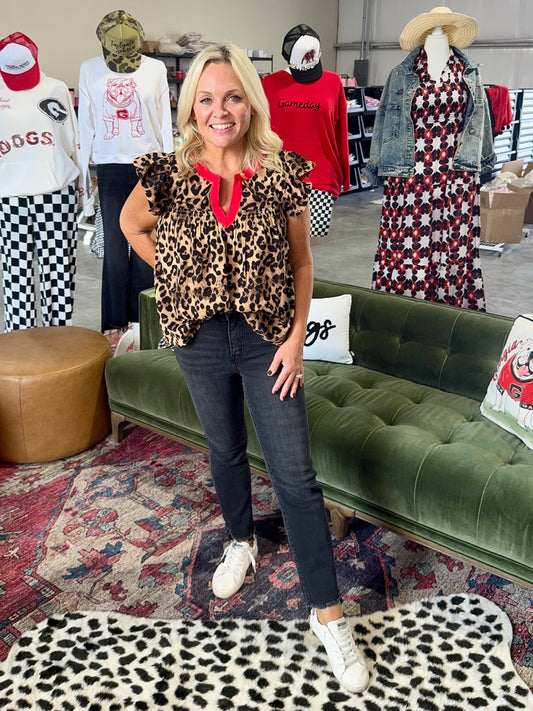 Leopard flowy top with red trim up to 3XL
