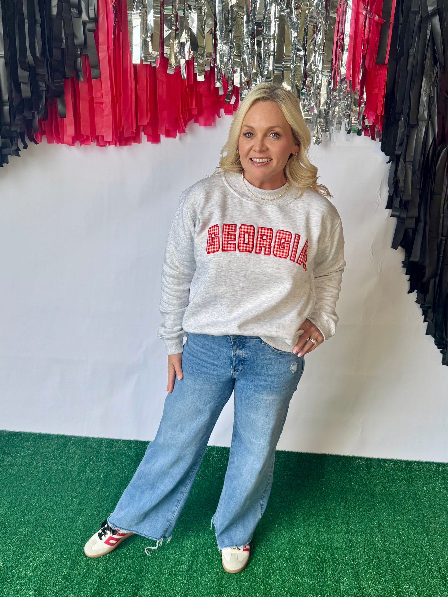 Licensed mock neck ash gray gingham embroidered Georgia