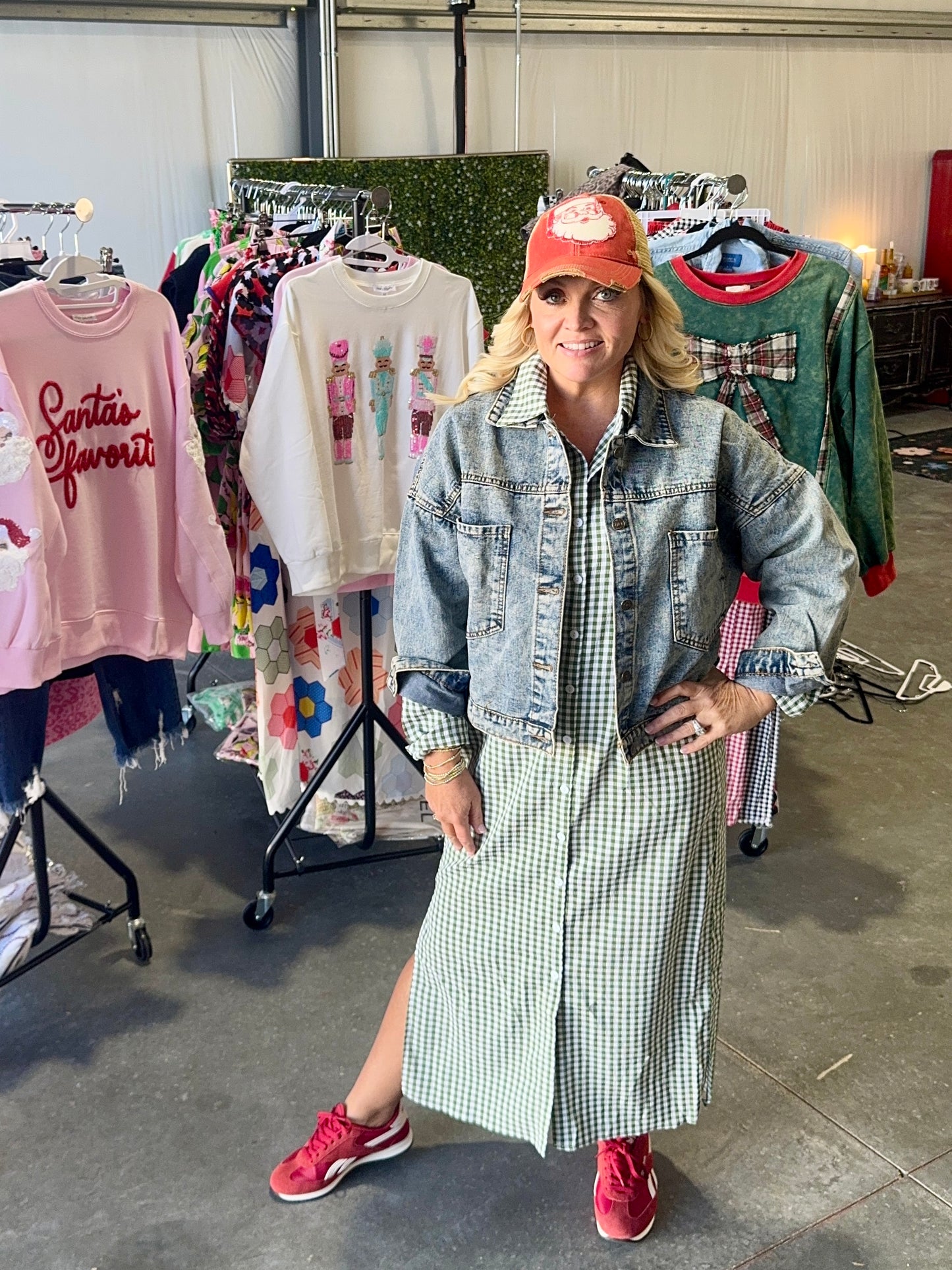 Green gingham shirt dress