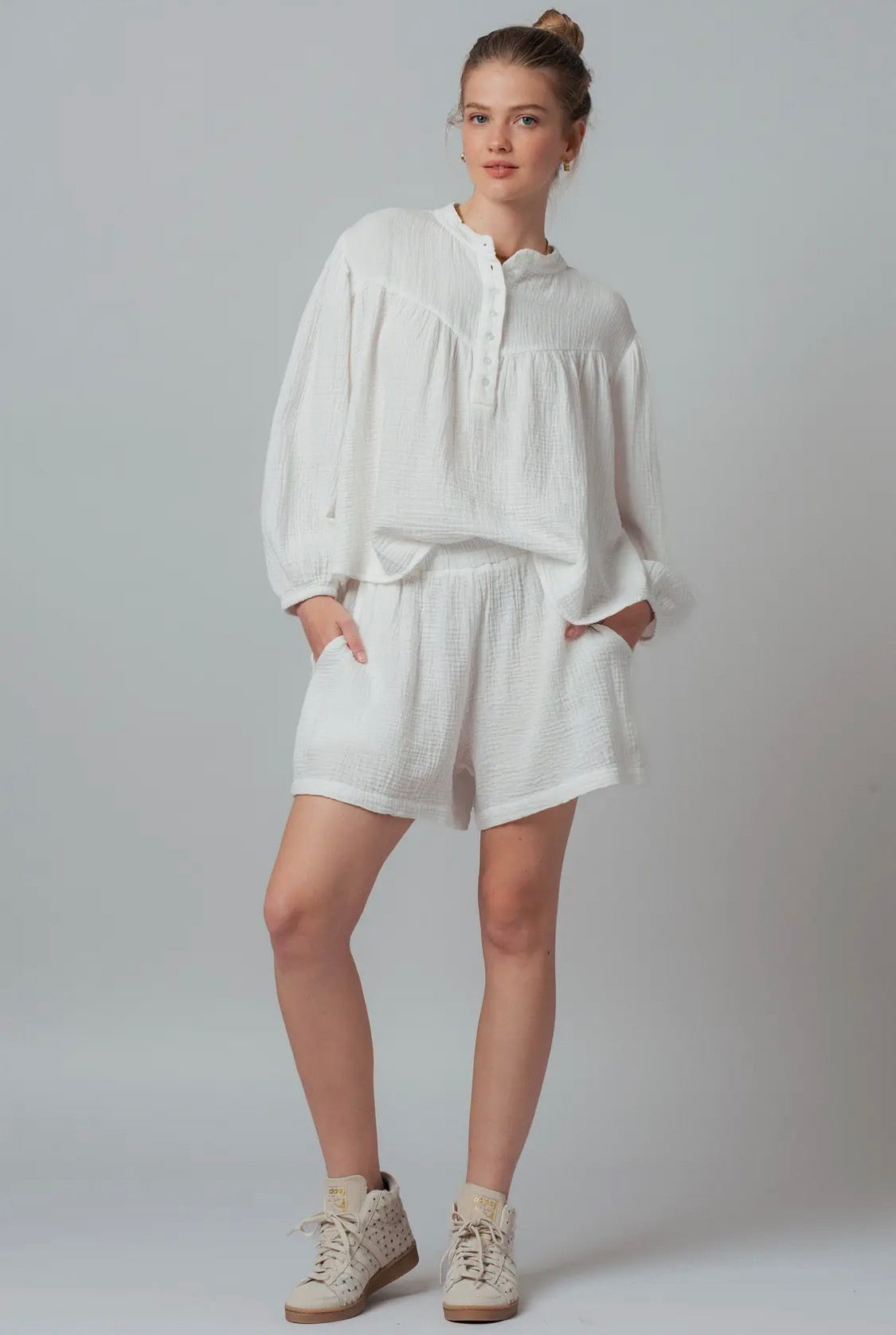 White gauze flowy top and matching shorts