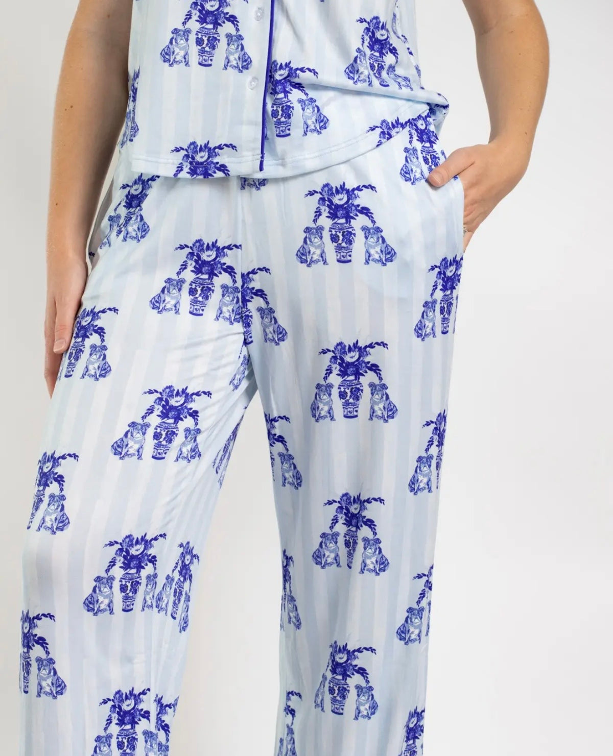 chinoiserie pajamas!  bulldogs blue pants