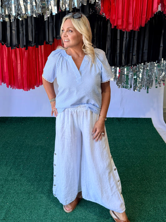 Searsucker blouse blue and white 4th of July