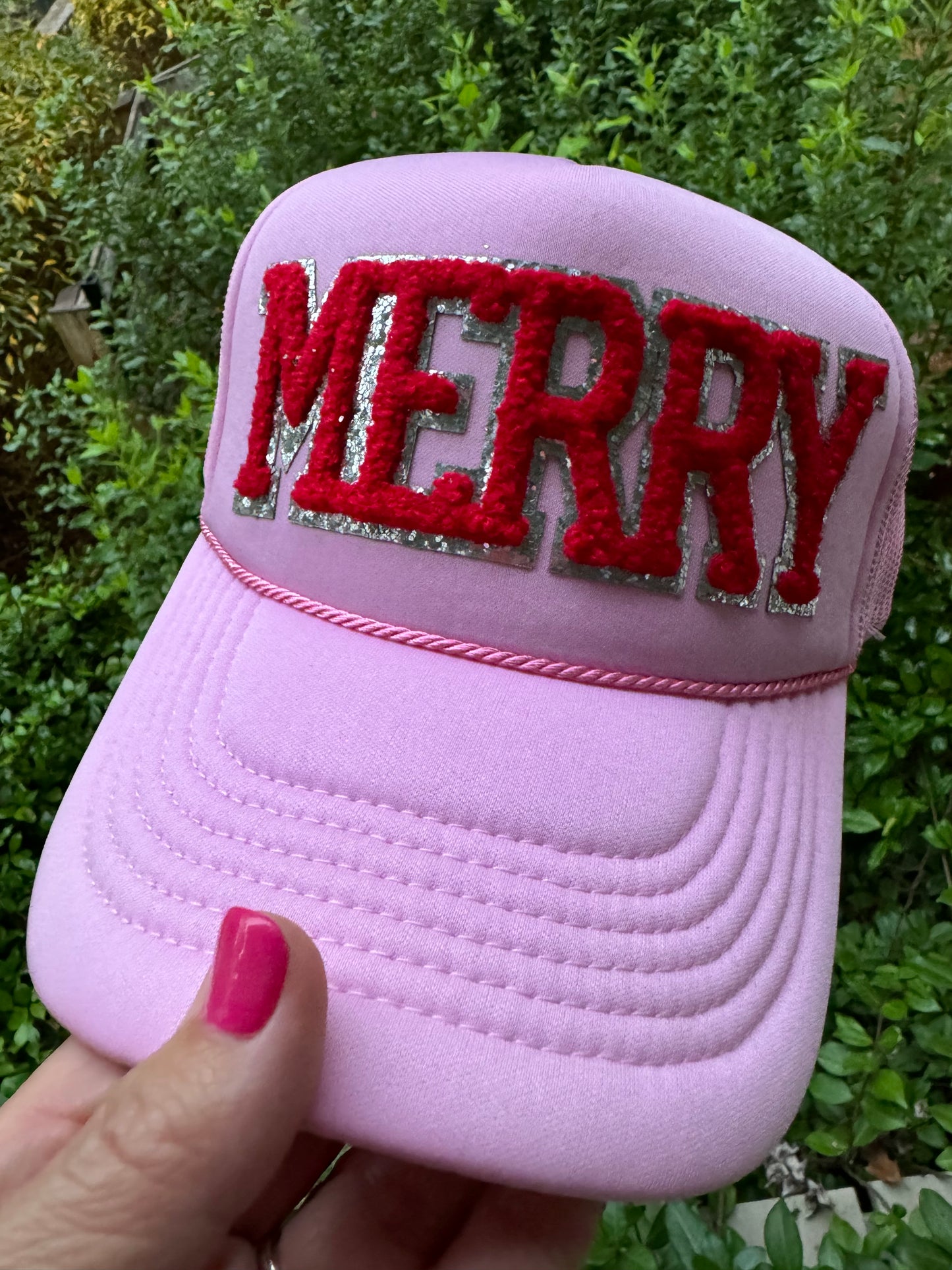 Pink Christmas hat with Merry Patch ( trucker chain sold separately)