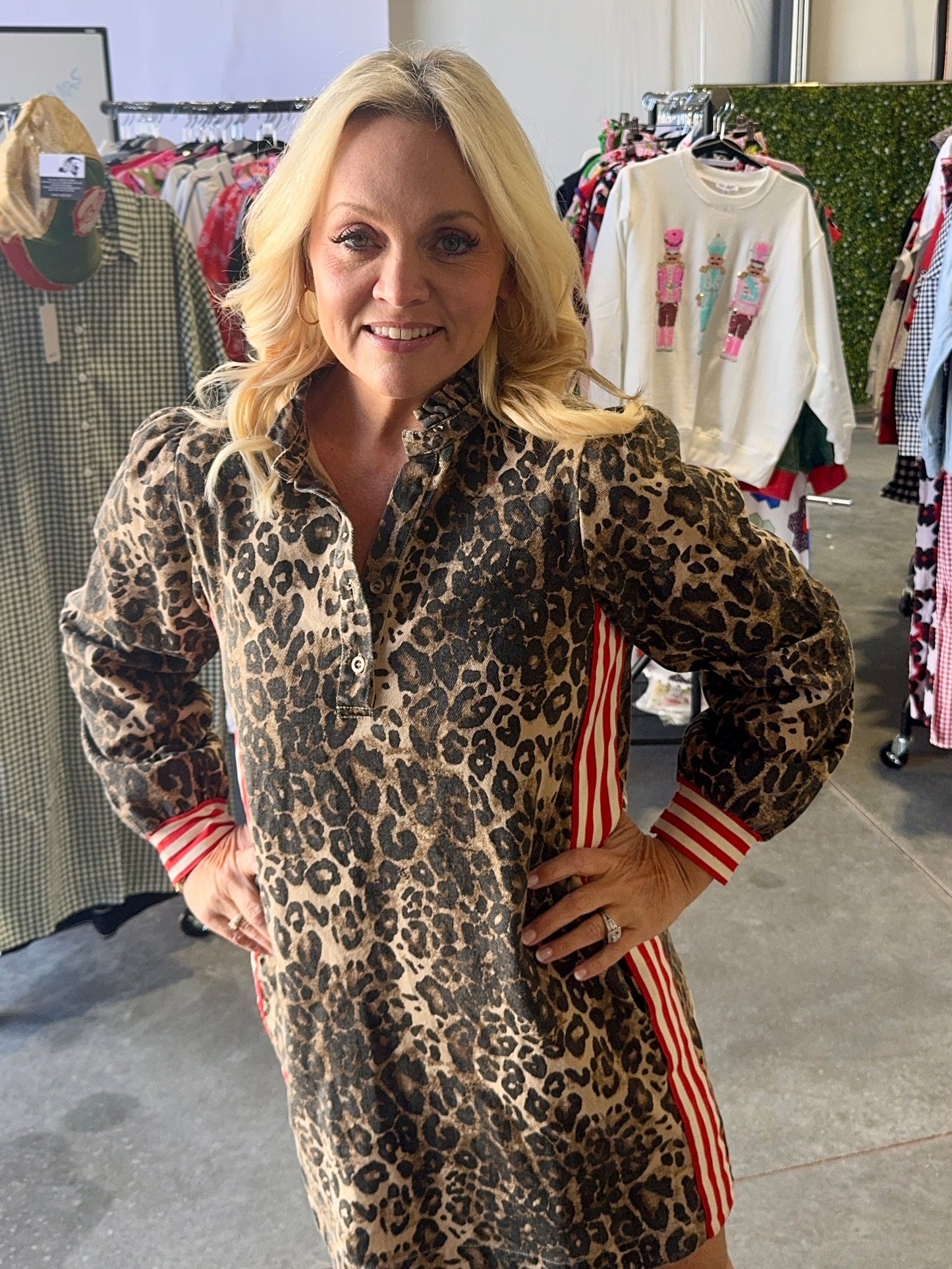 Leopard dress with stipe detail